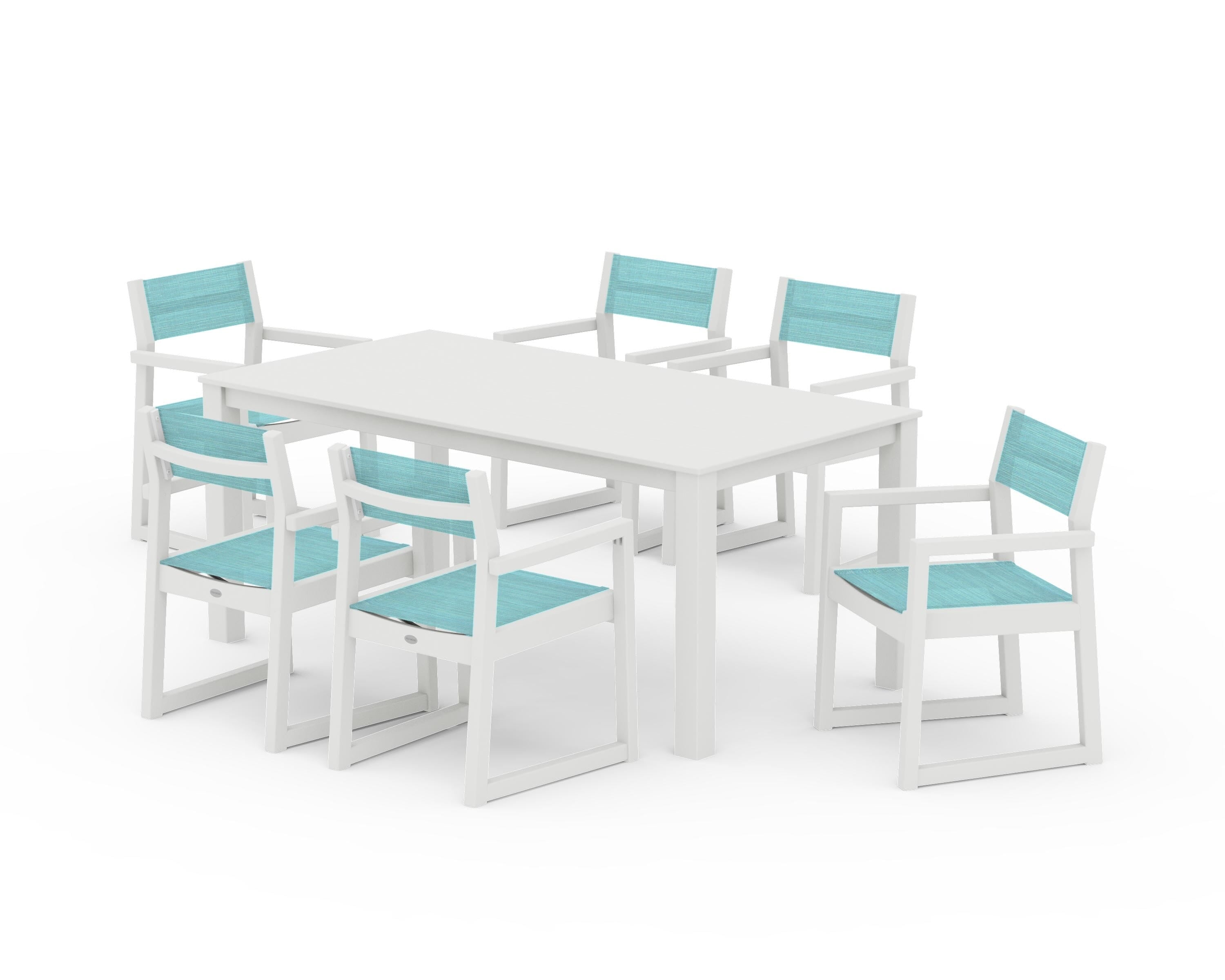 POLYWOOD EDGE Sling Arm Chair 7-Piece Parsons Dining Set in Vintage White / Dupioni Aquamarine Sling