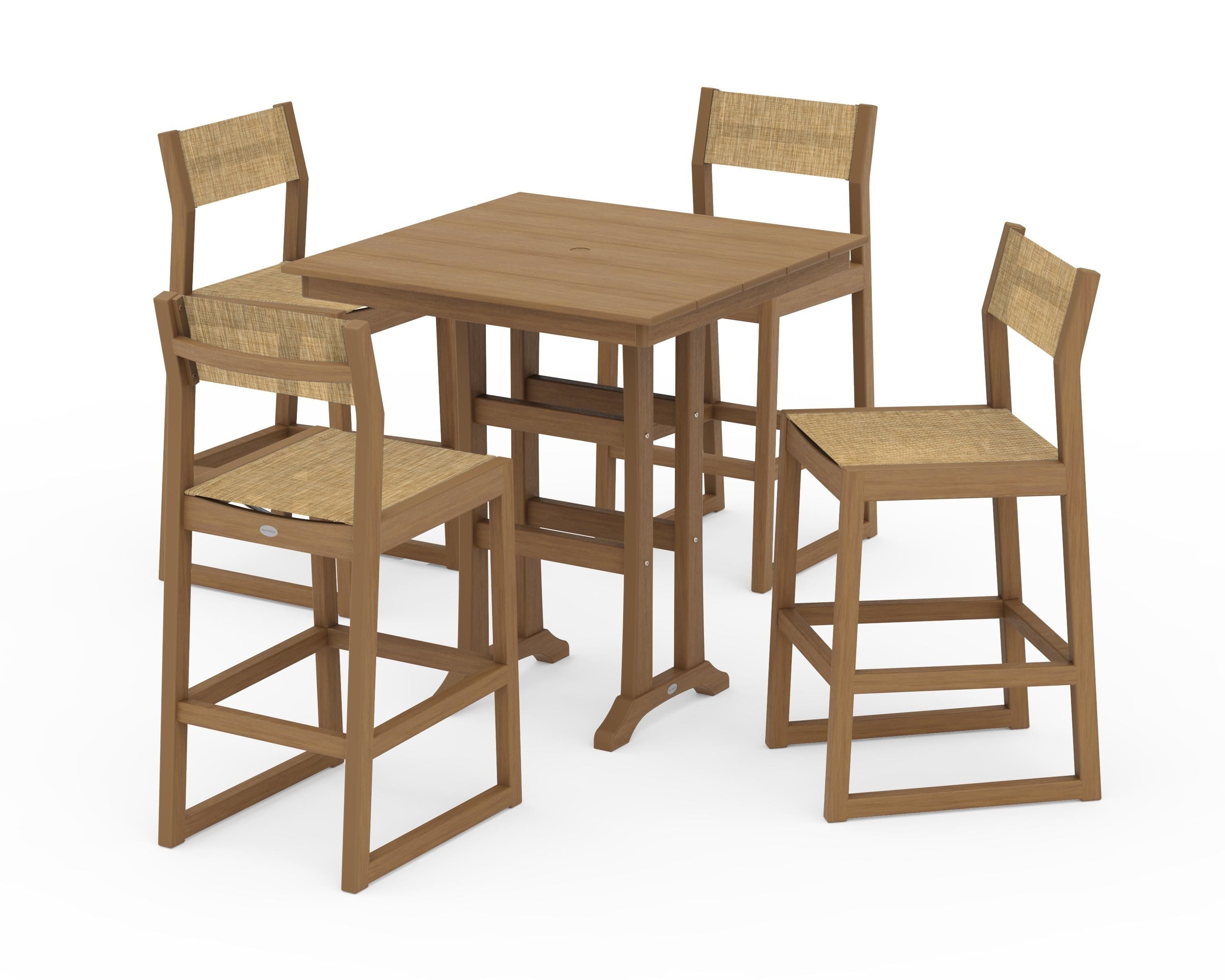 POLYWOOD EDGE Sling Arm Chair 5-Piece Farmhouse Bar Set with Trestle Legs in Natural / Burlap Sling