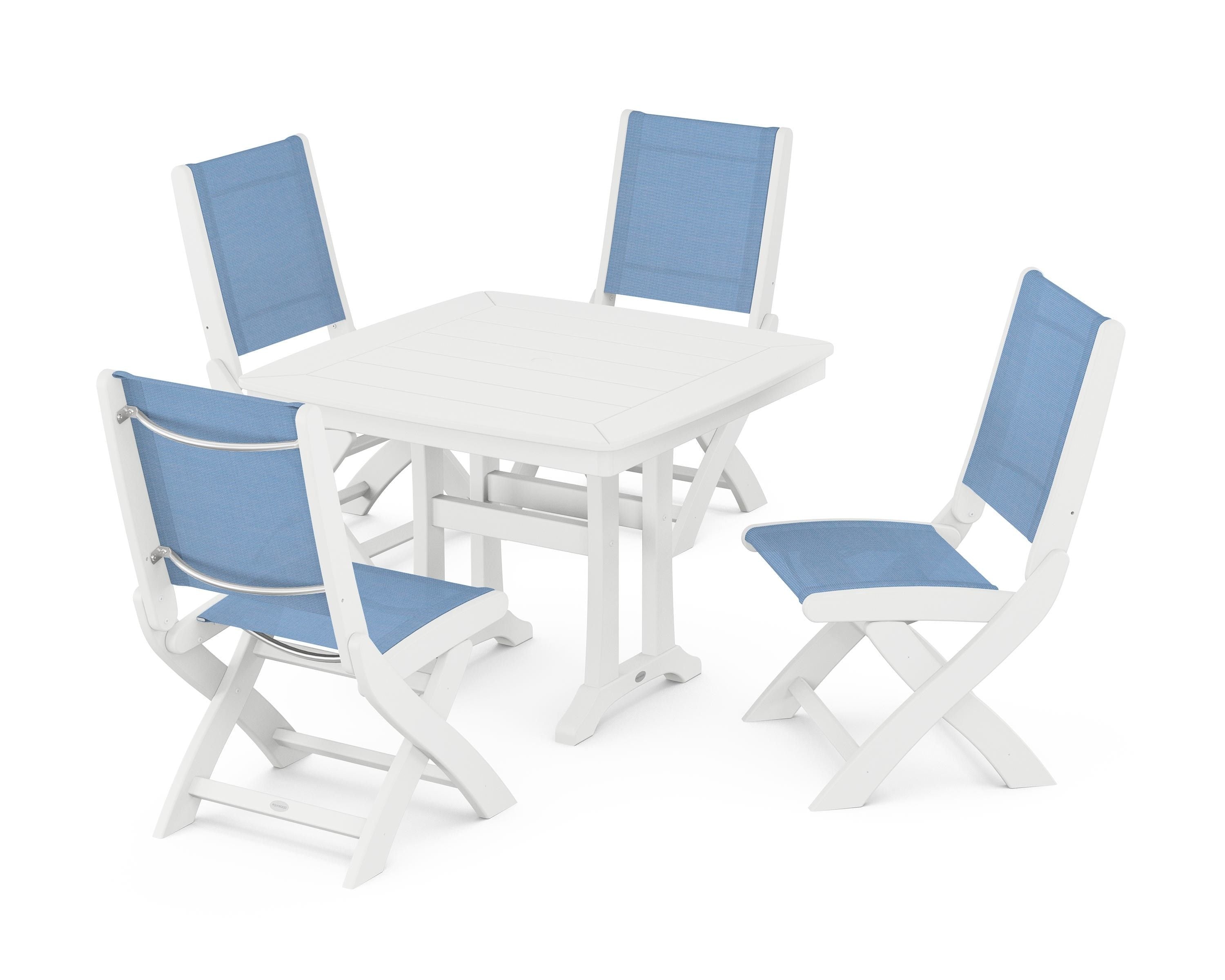 POLYWOOD Coastal Folding Side Chair 5-Piece Dining Set with Trestle Legs in White / Poolside Sling