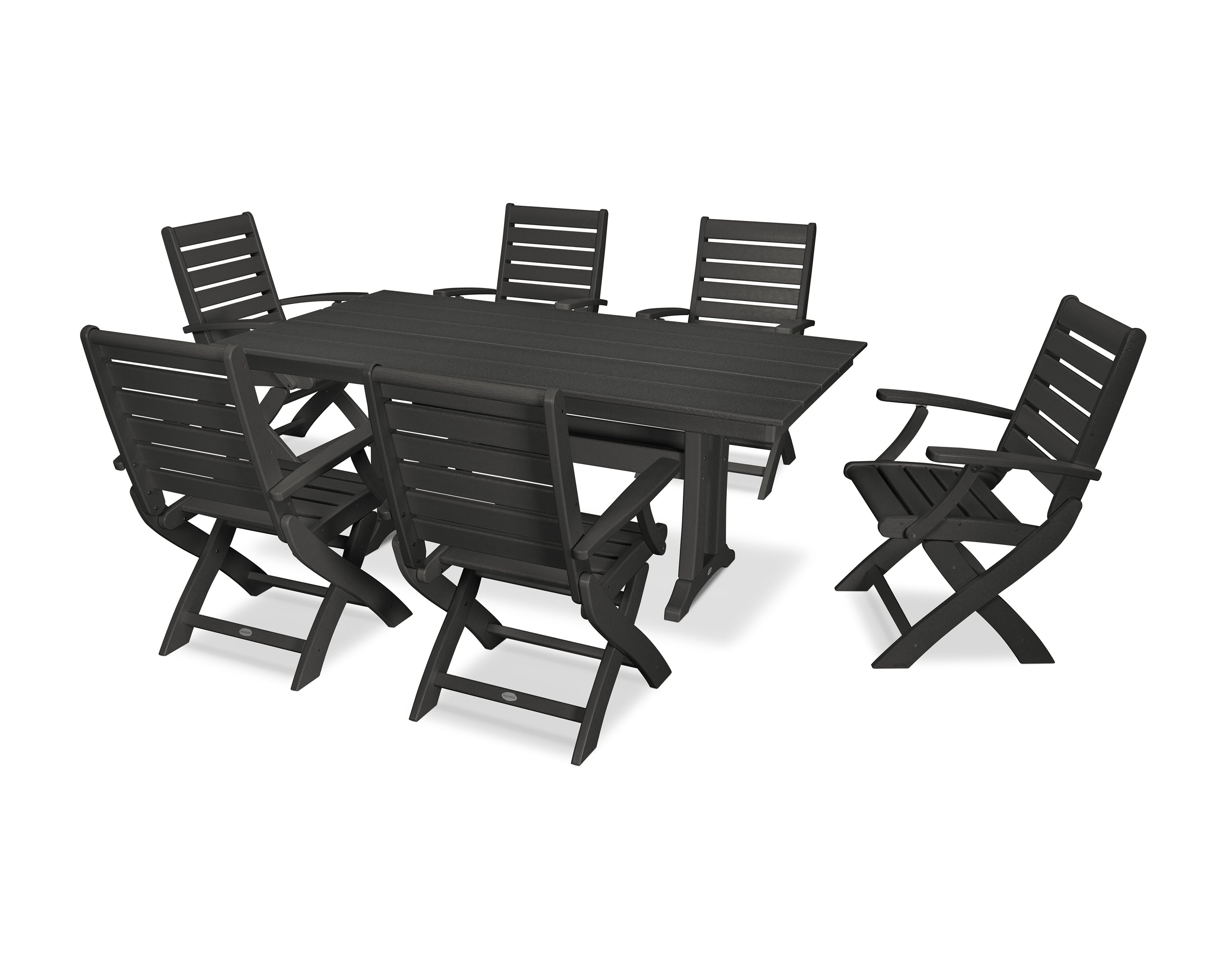 POLYWOOD® Signature Folding Chair 7-Piece Farmhouse Dining Set with Trestle Legs in Black