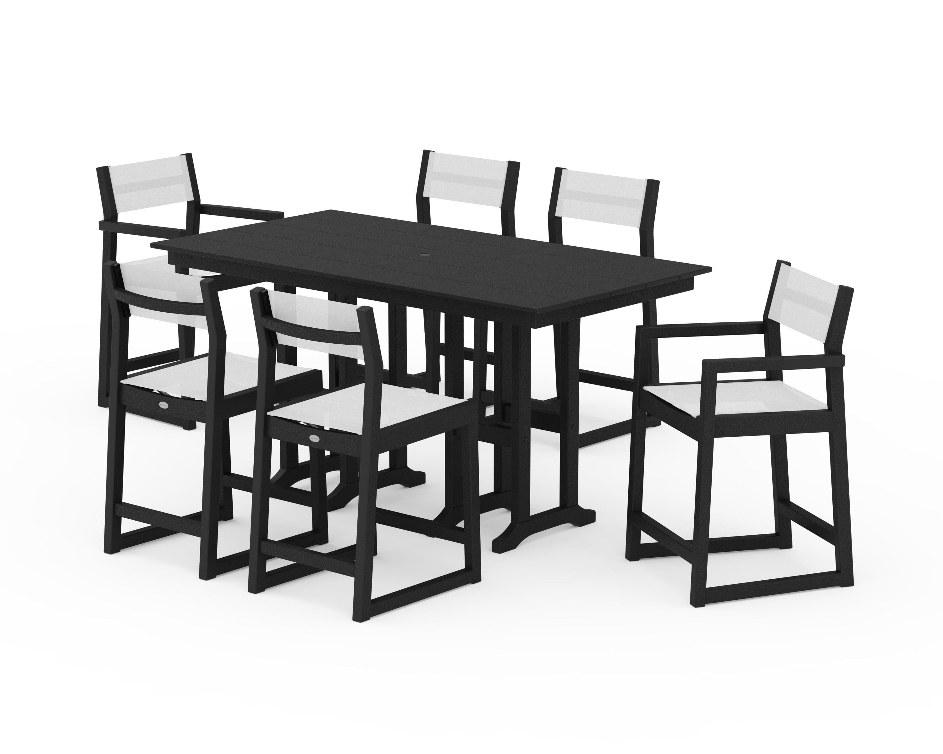 POLYWOOD EDGE Sling 7-Piece Farmhouse Counter Set with Trestle Legs in Black / White Sling