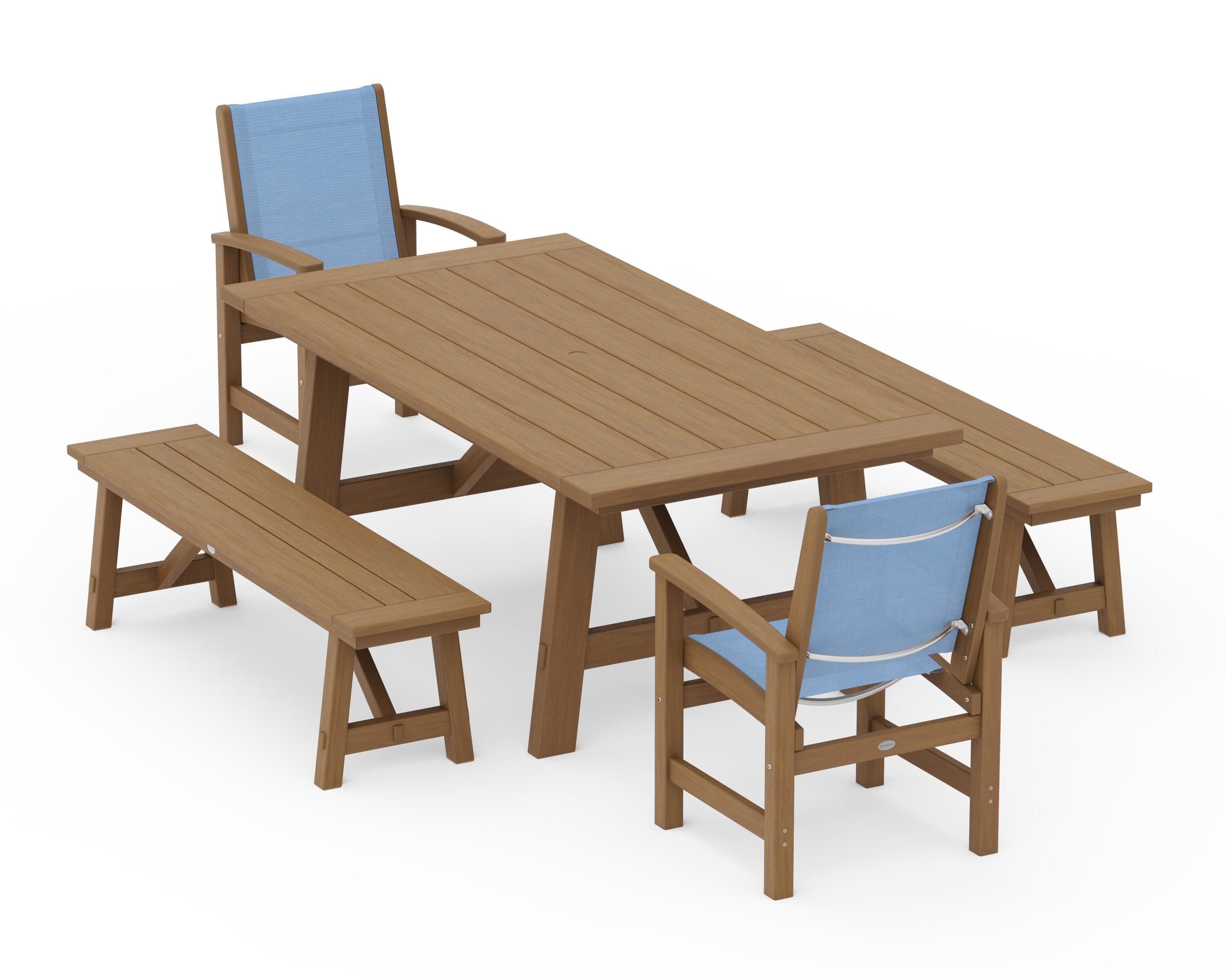POLYWOOD Coastal 5-Piece Rustic Farmhouse Dining Set With Benches in Natural / Poolside Sling