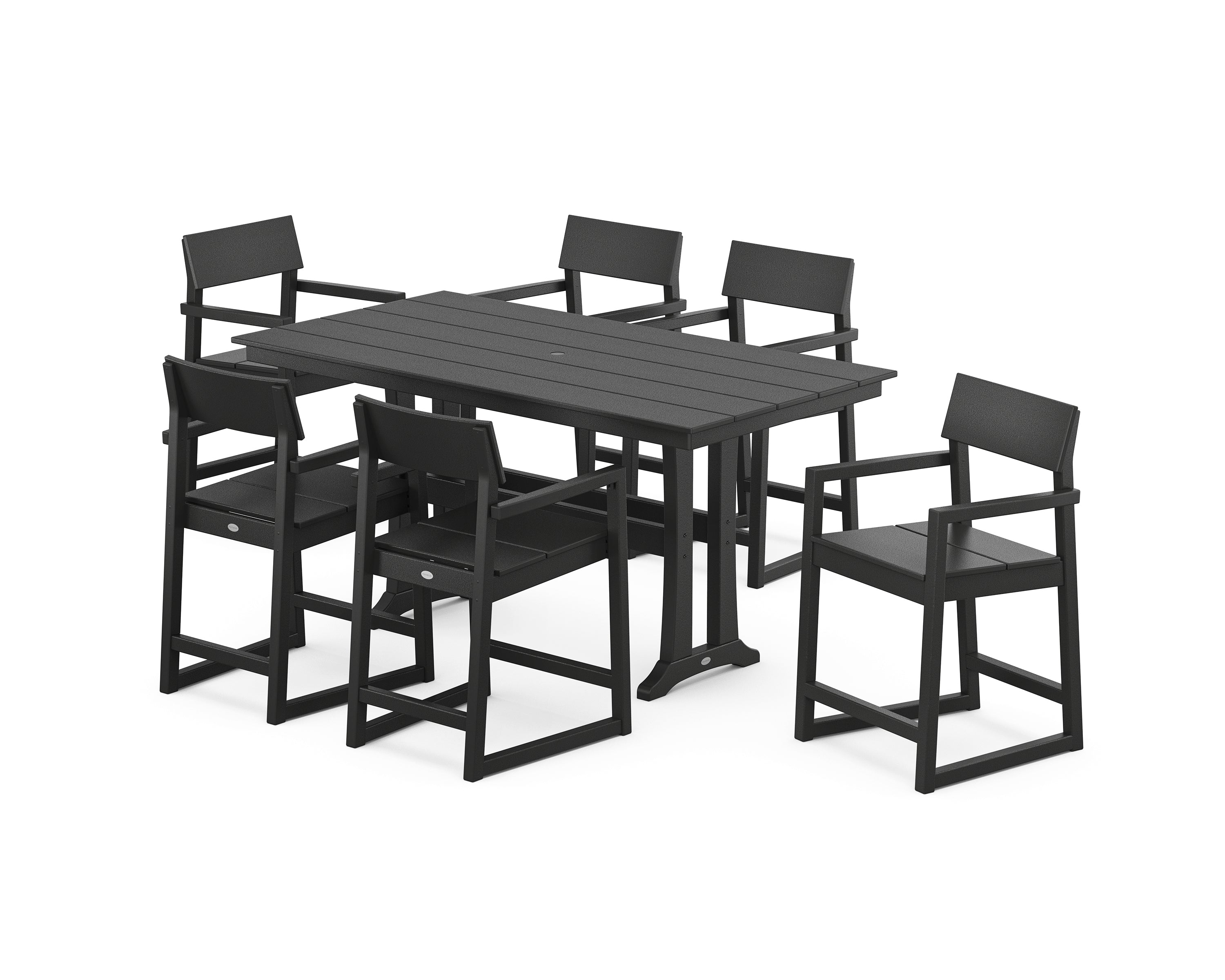 POLYWOOD® EDGE Arm Chair 7-Piece Farmhouse Counter Set with Trestle Legs in Black