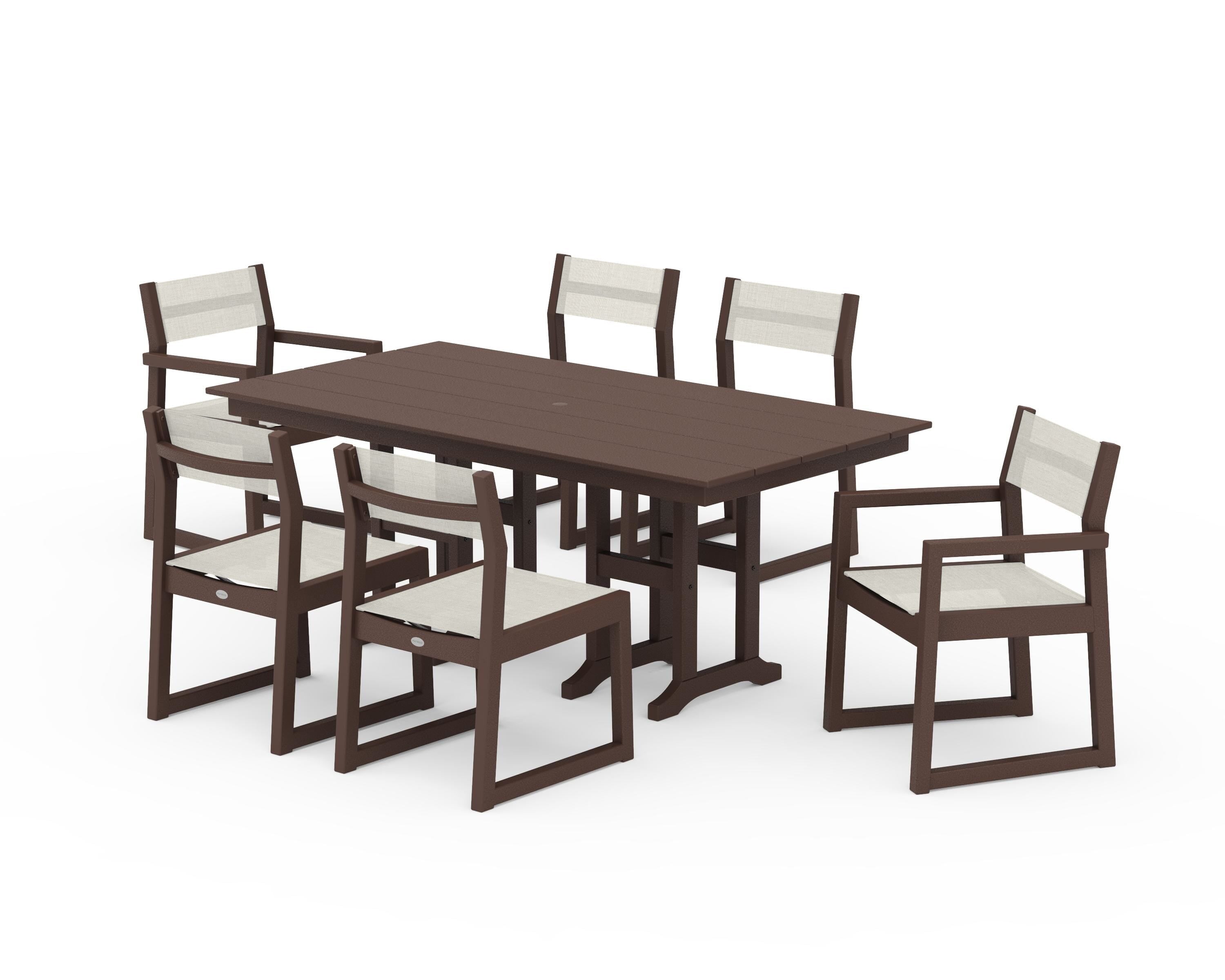 POLYWOOD EDGE Sling 7-Piece Farmhouse Dining Set in Mahogany / Parchment Sling