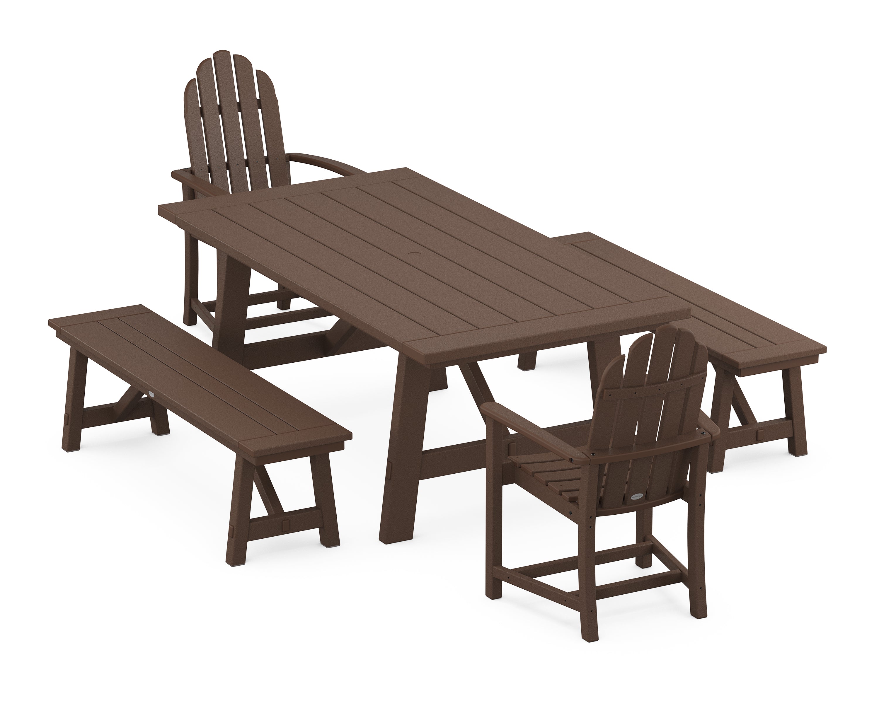 POLYWOOD® Classic Adirondack 5-Piece Rustic Farmhouse Dining Set With Benches in Mahogany