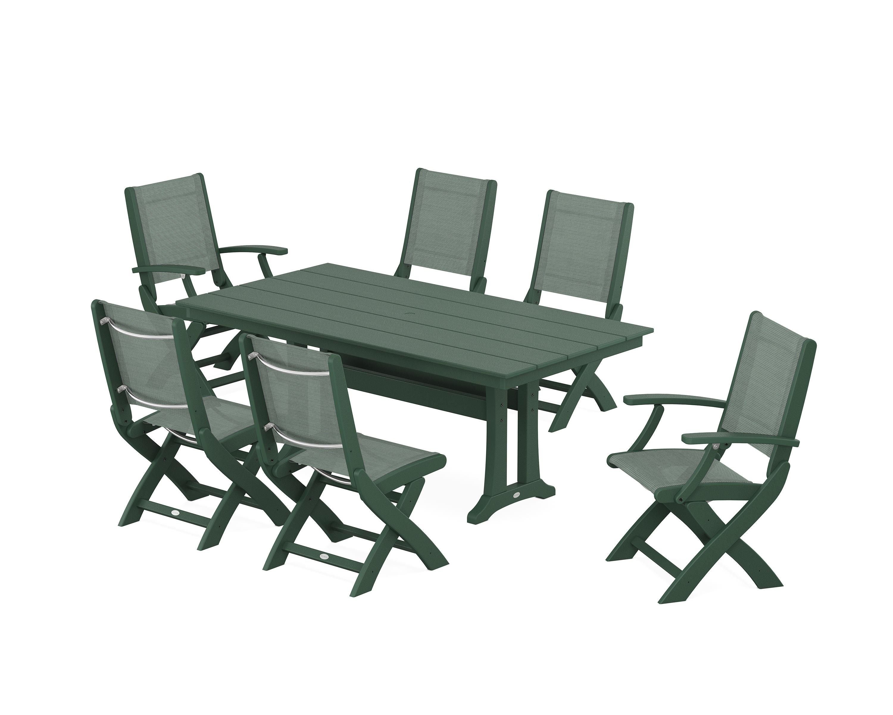 POLYWOOD Coastal Folding Chair 7-Piece Farmhouse Dining Set with Trestle Legs in Green / Dupioni Sea Mist Sling