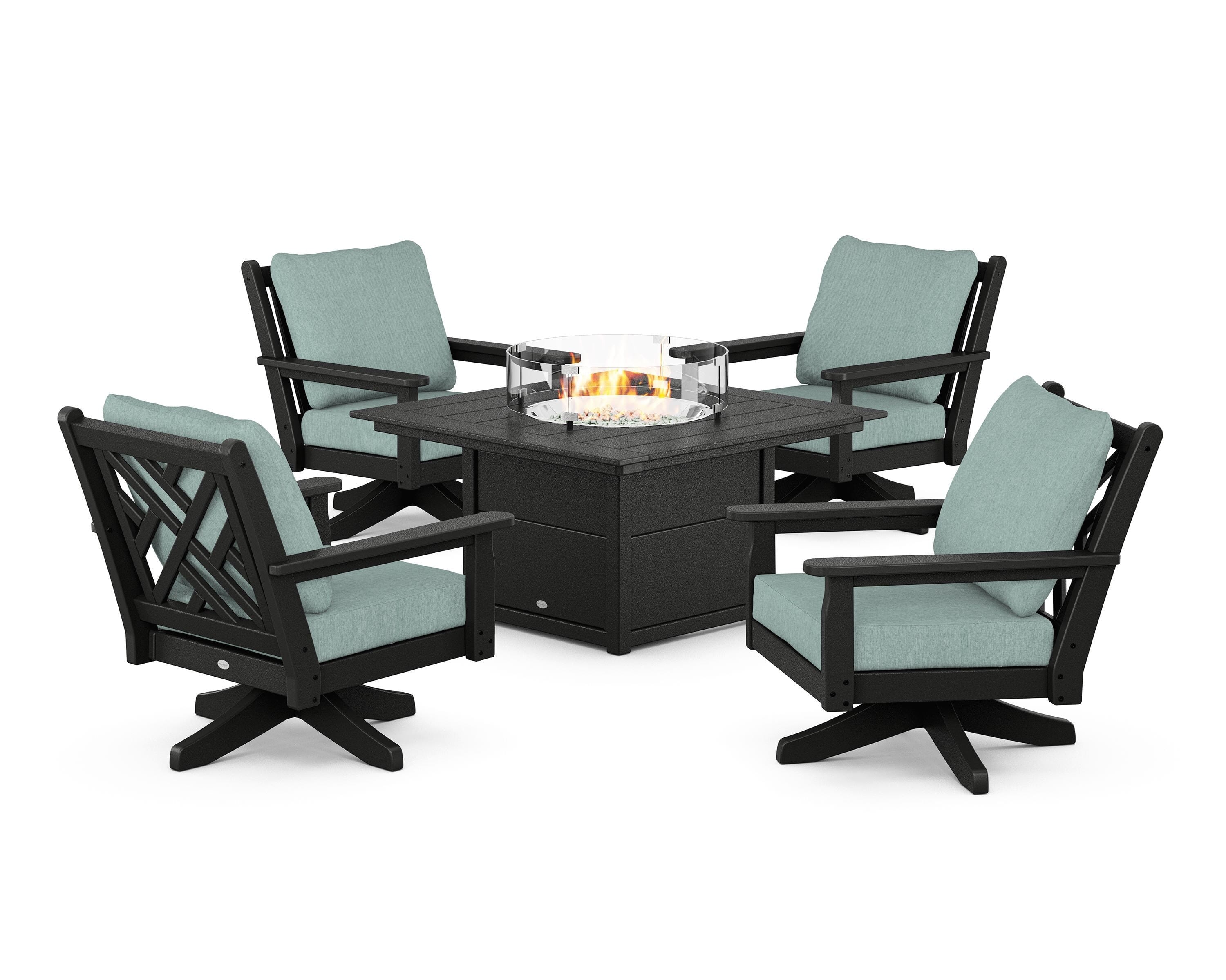 POLYWOOD Chippendale 5-Piece Deep Seating Swivel Conversation Set with Fire Pit Table in Black / Glacier Spa