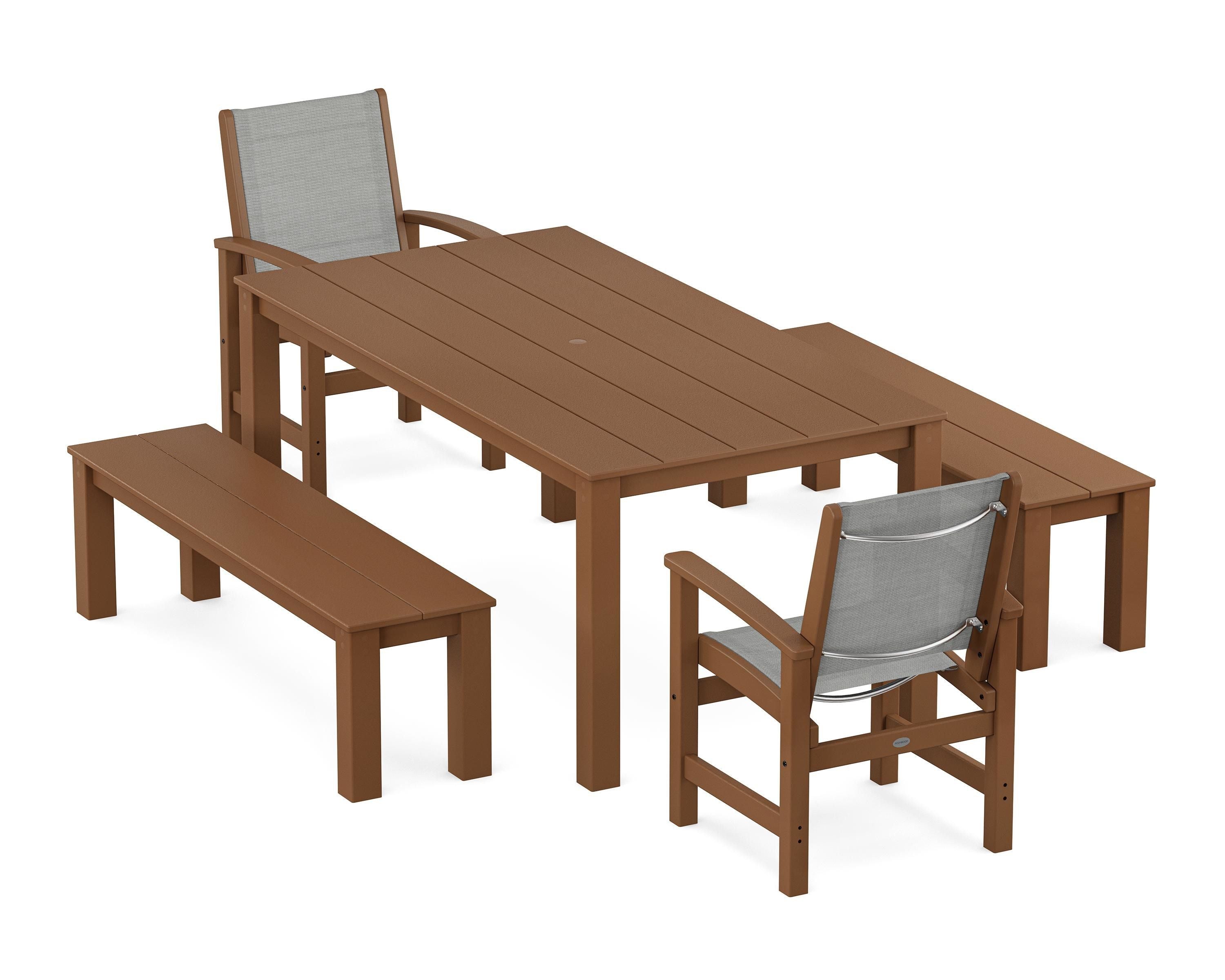 POLYWOOD Coastal 5-Piece Parsons Dining Set with Benches in Teak / Metallic Sling