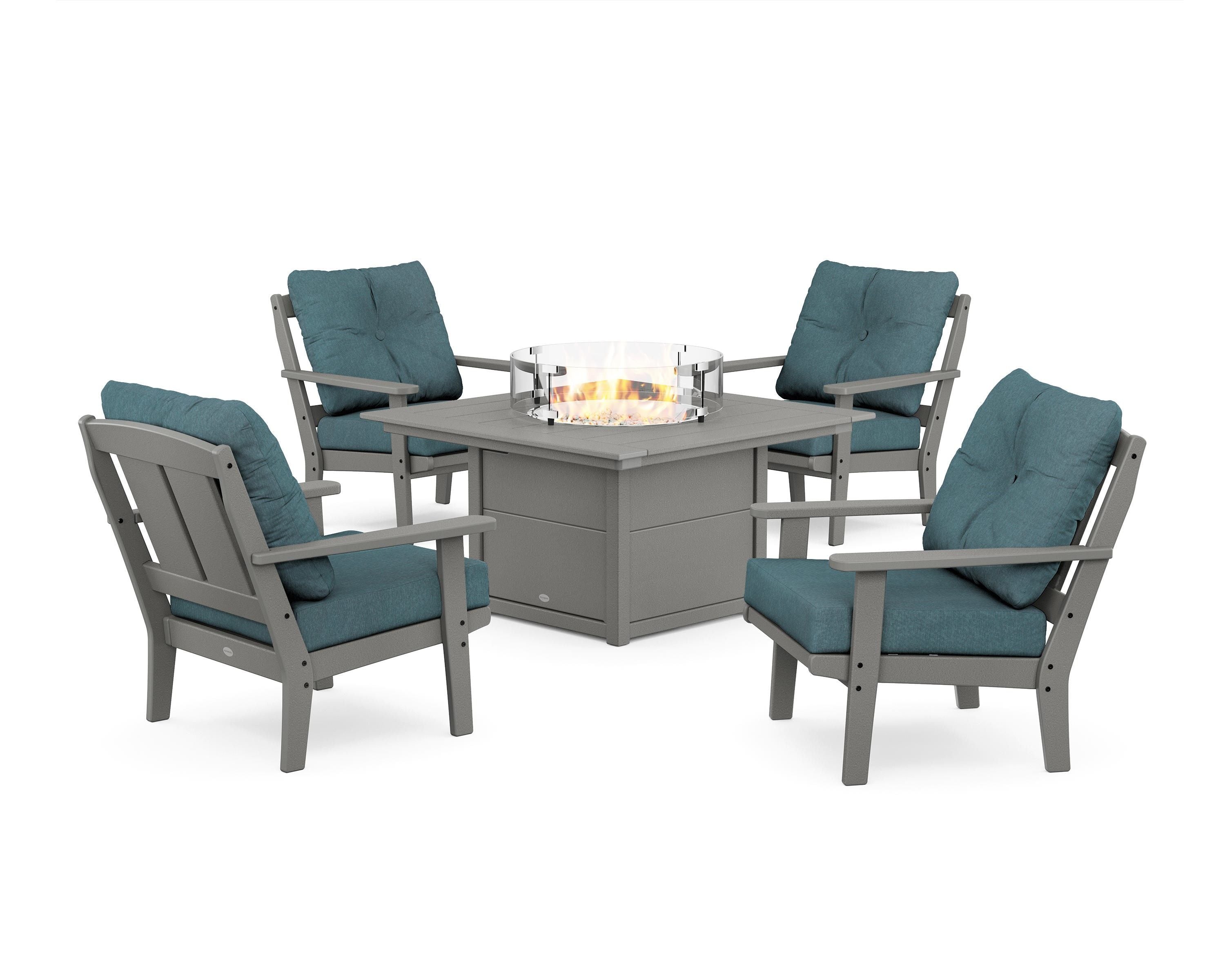 POLYWOOD Mission 5-Piece Deep Seating Set with Fire Pit Table in Slate Grey / Ocean Teal