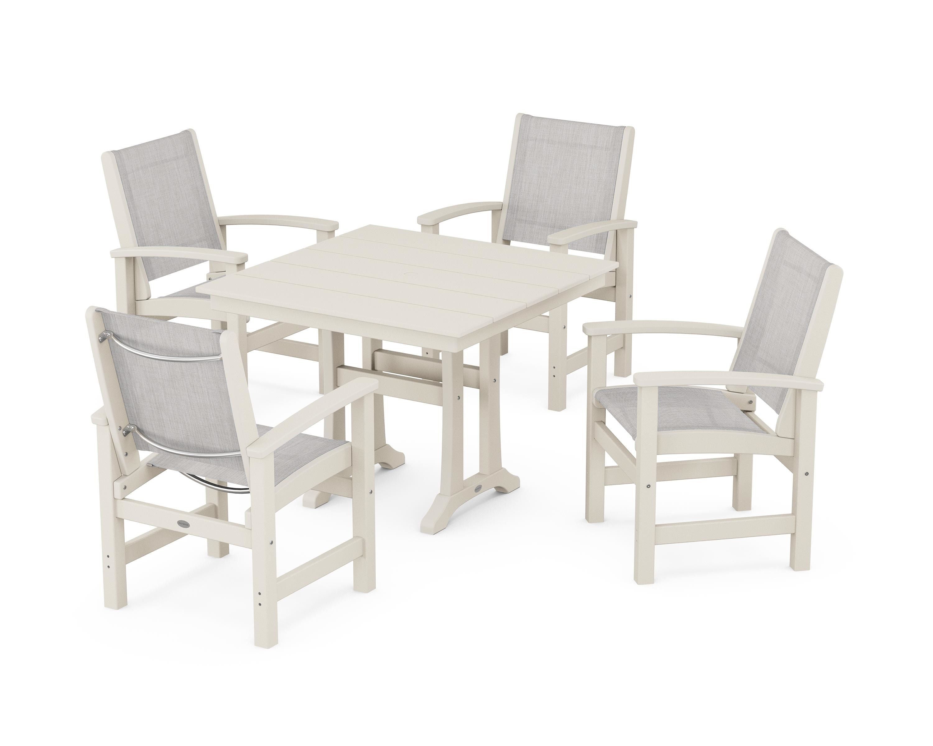 POLYWOOD Coastal 5-Piece Farmhouse Dining Set With Trestle Legs in Sand / Parchment Sling