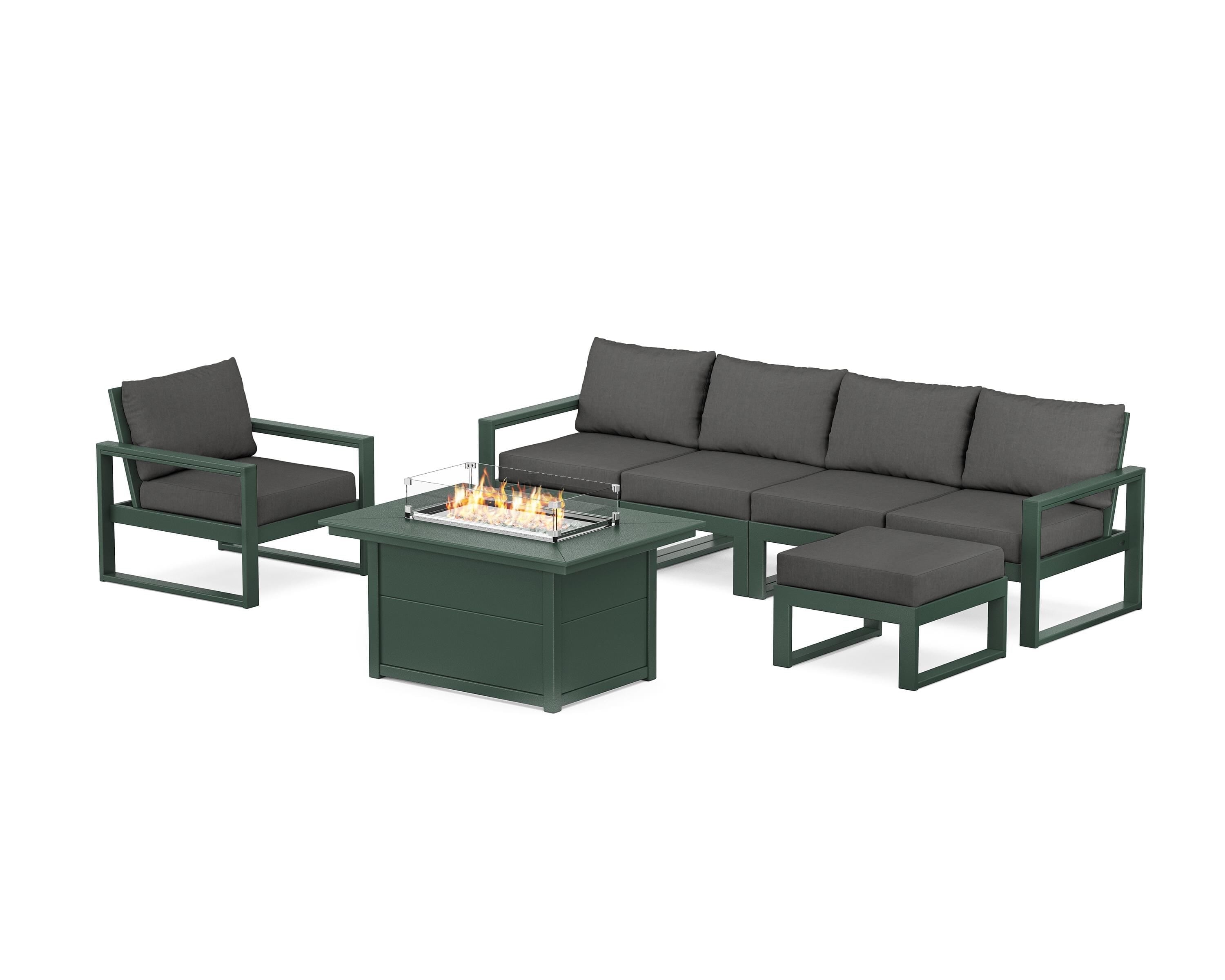 POLYWOOD EDGE Sectional Lounge and Fire Pit Set in Green / Spectrum Carbon