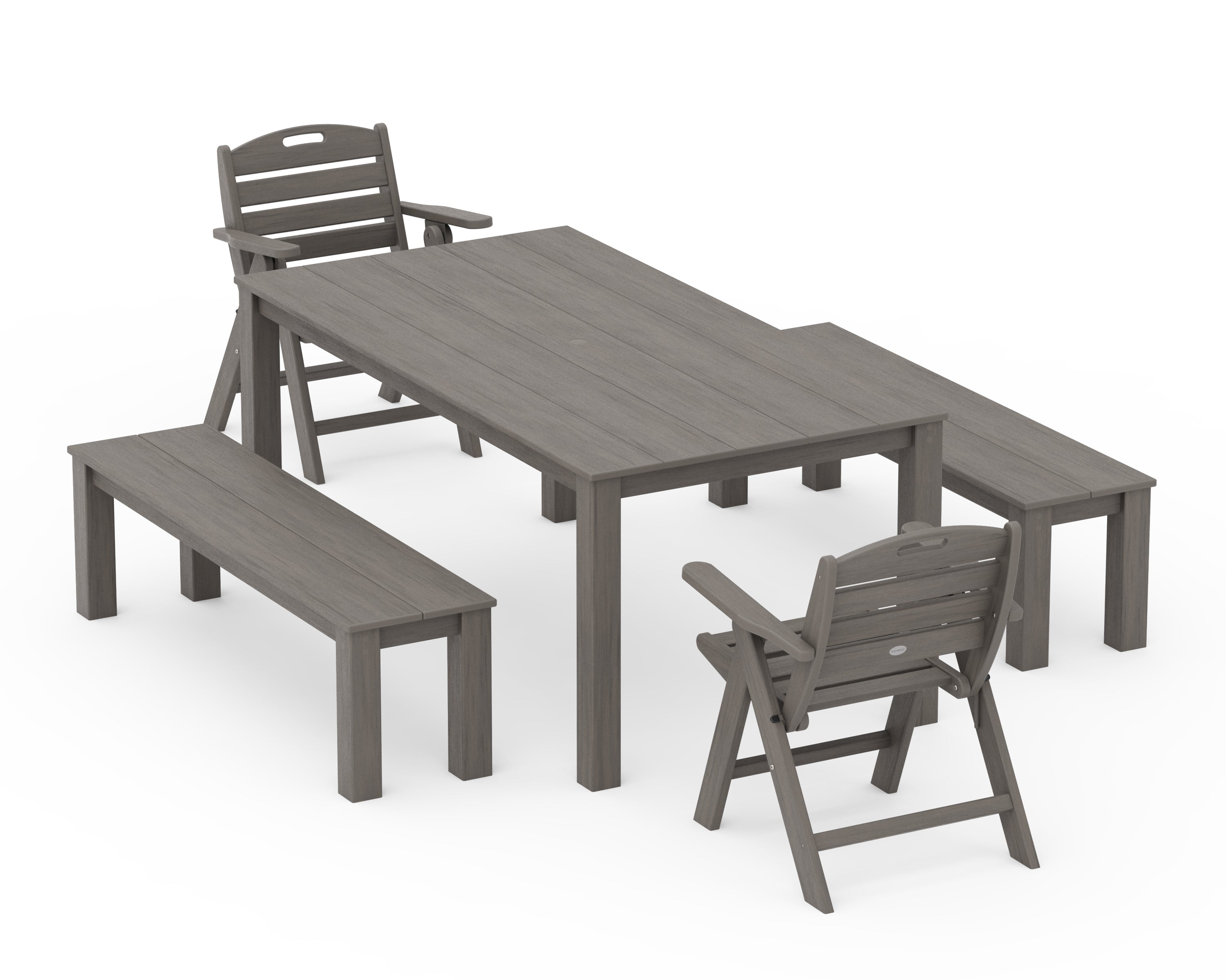 POLYWOOD Nautical Folding Lowback Chair 5-Piece Parsons Dining Set with Benches in Driftwood