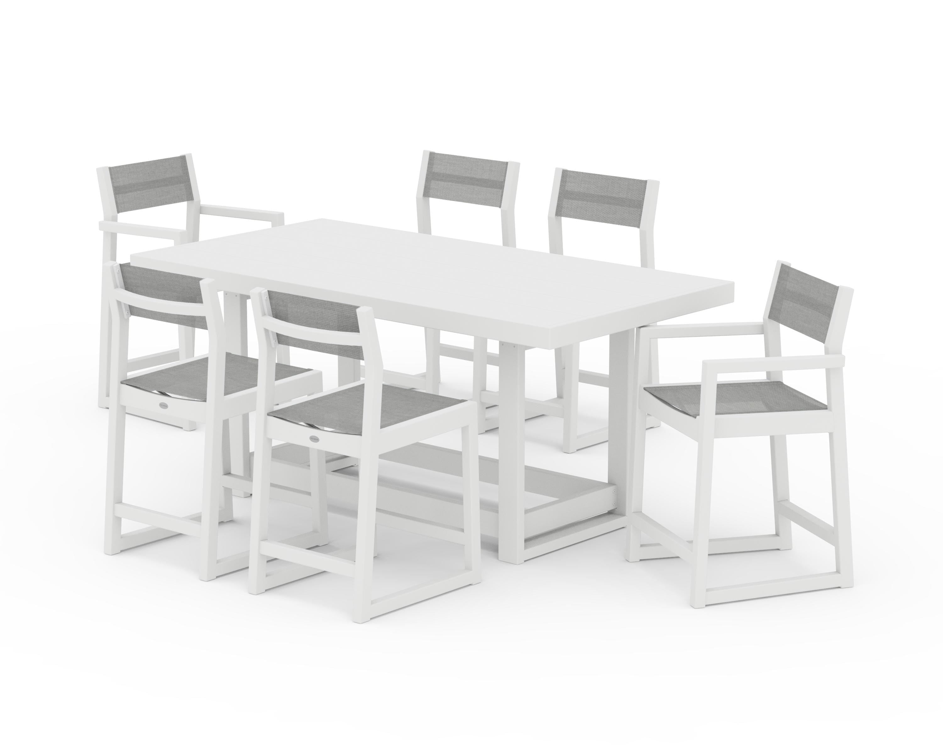 POLYWOOD EDGE Sling 7-Piece Counter Table Set in White / Metallic Sling