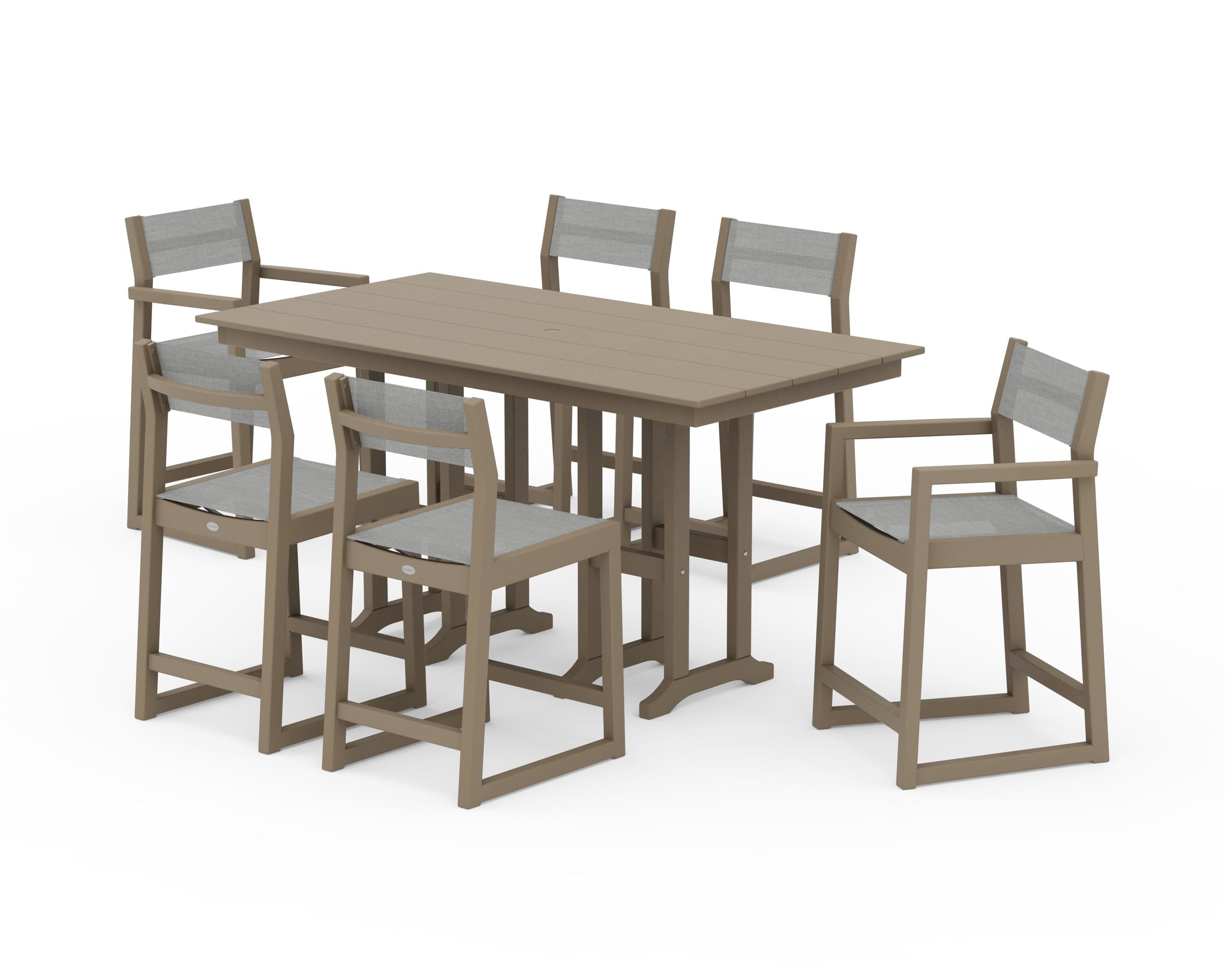 POLYWOOD EDGE Sling 7-Piece Farmhouse Counter Set in Vintage Sahara / Metallic Sling