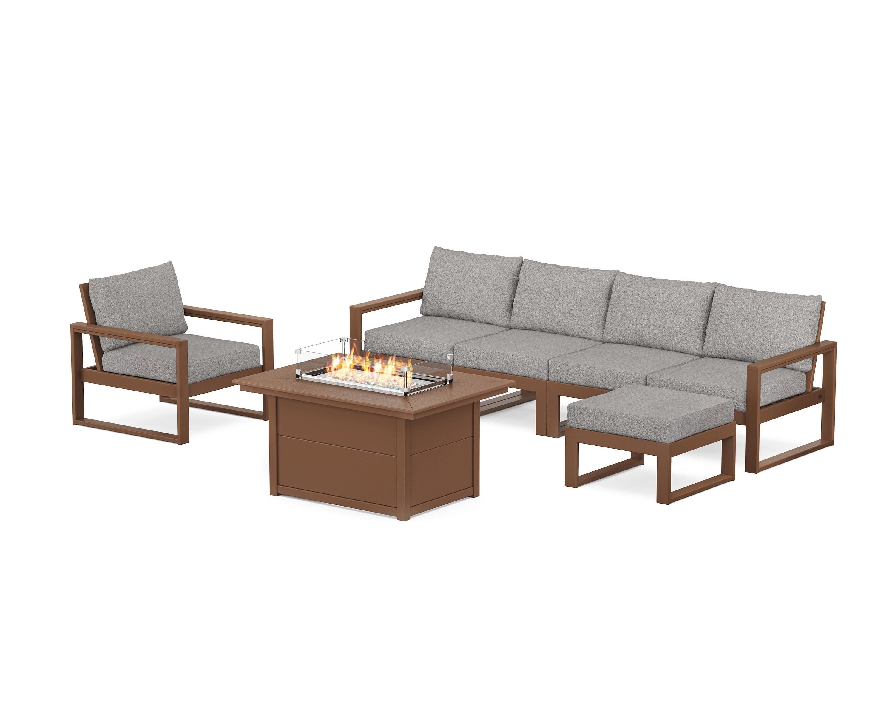 POLYWOOD EDGE Sectional Lounge and Fire Pit Set in Teak / Grey Mist