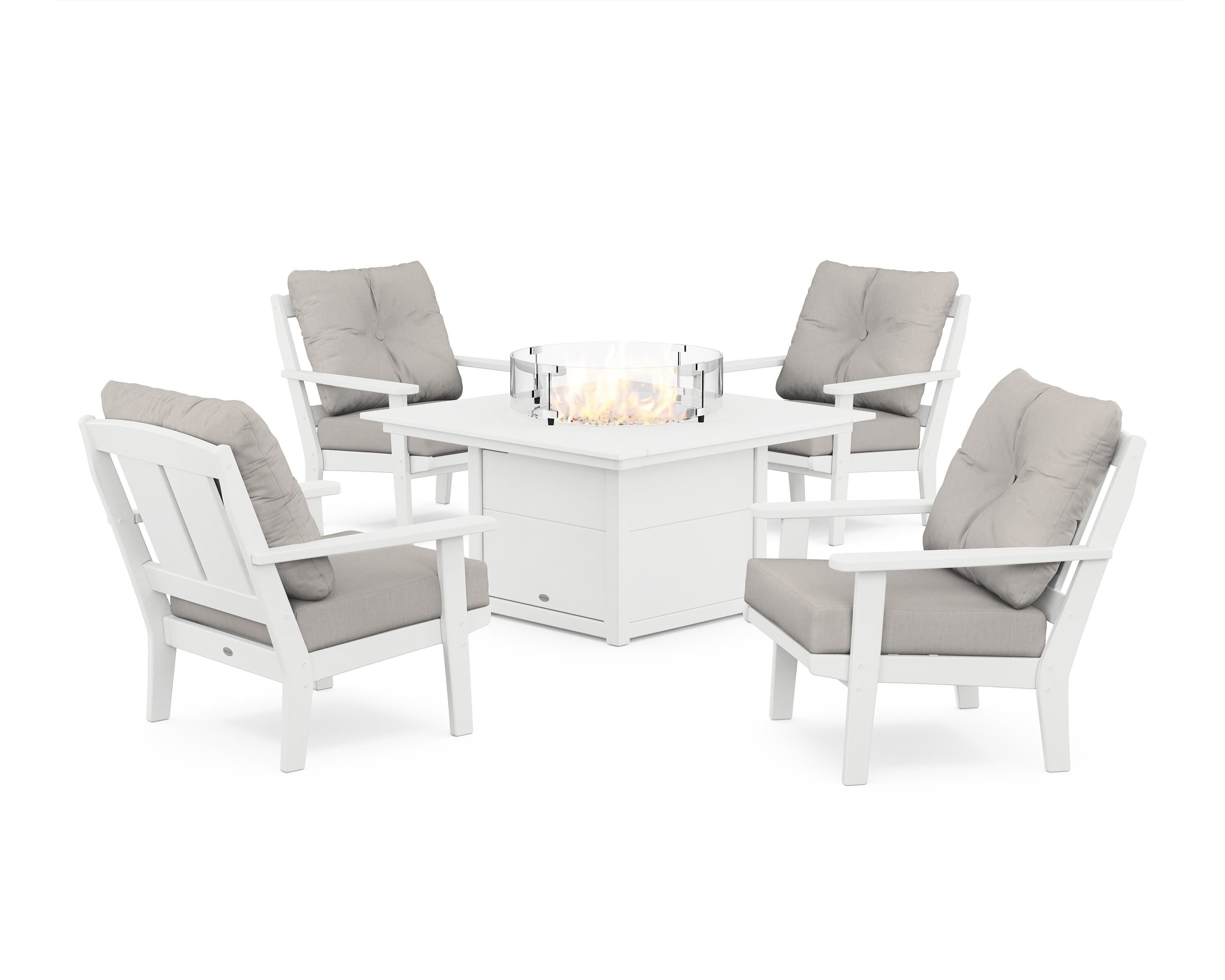 POLYWOOD Mission 5-Piece Deep Seating Set with Fire Pit Table in White / Cast Ash