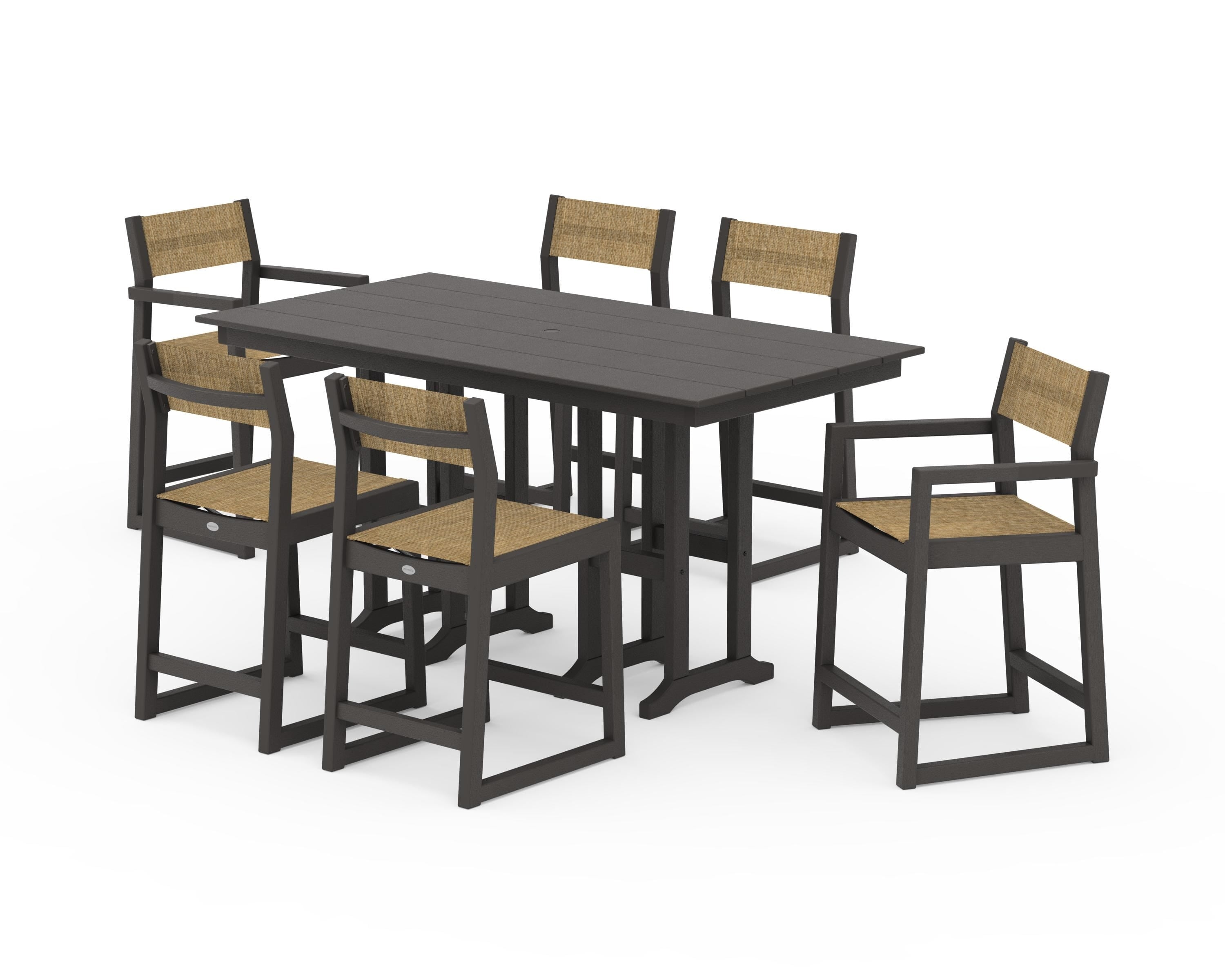 POLYWOOD EDGE Sling 7-Piece Farmhouse Counter Set in Vintage Coffee / Burlap Sling