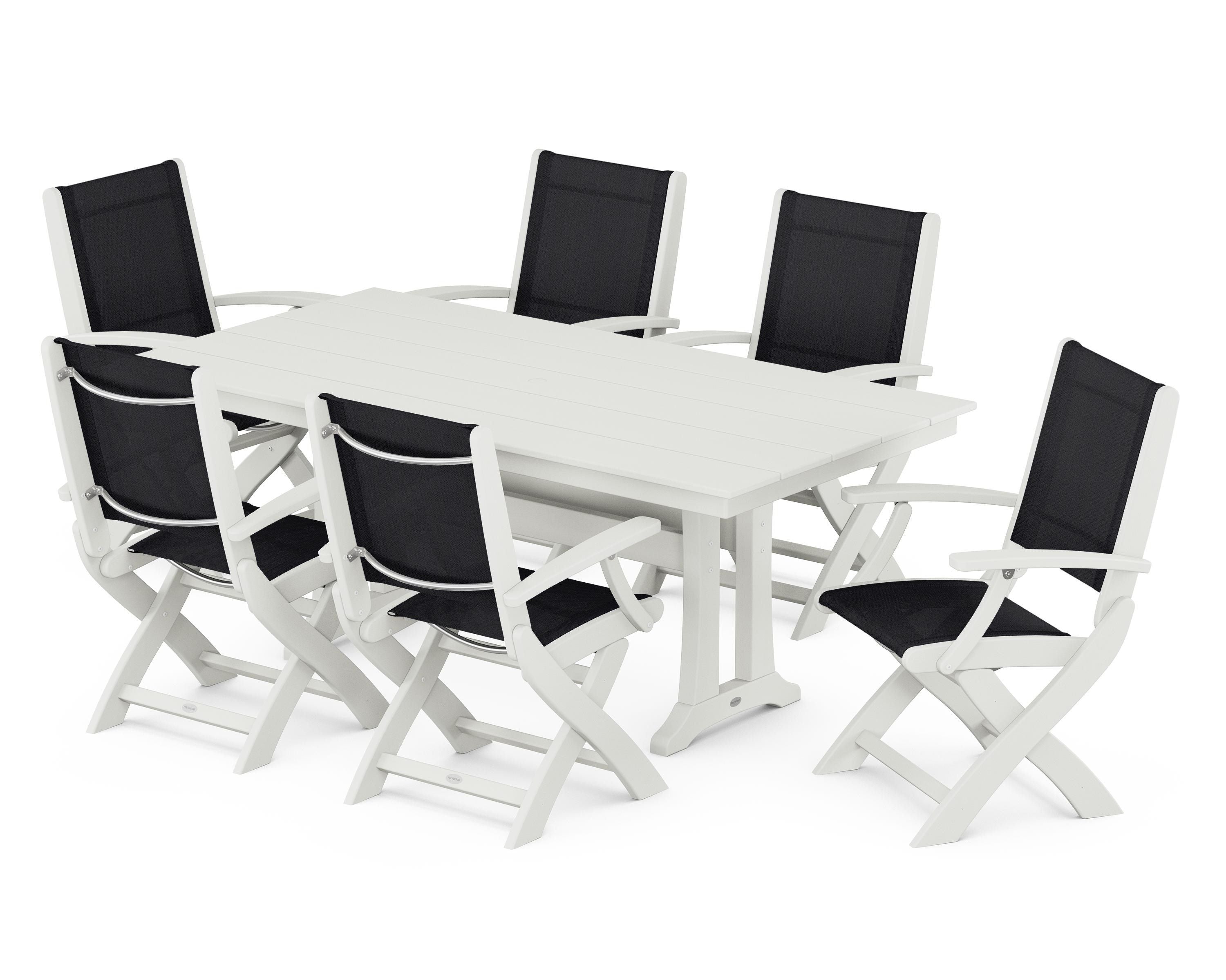 POLYWOOD Coastal Folding Arm Chair 7-Piece Farmhouse Dining Set with Trestle Legs in Vintage White / Black Sling