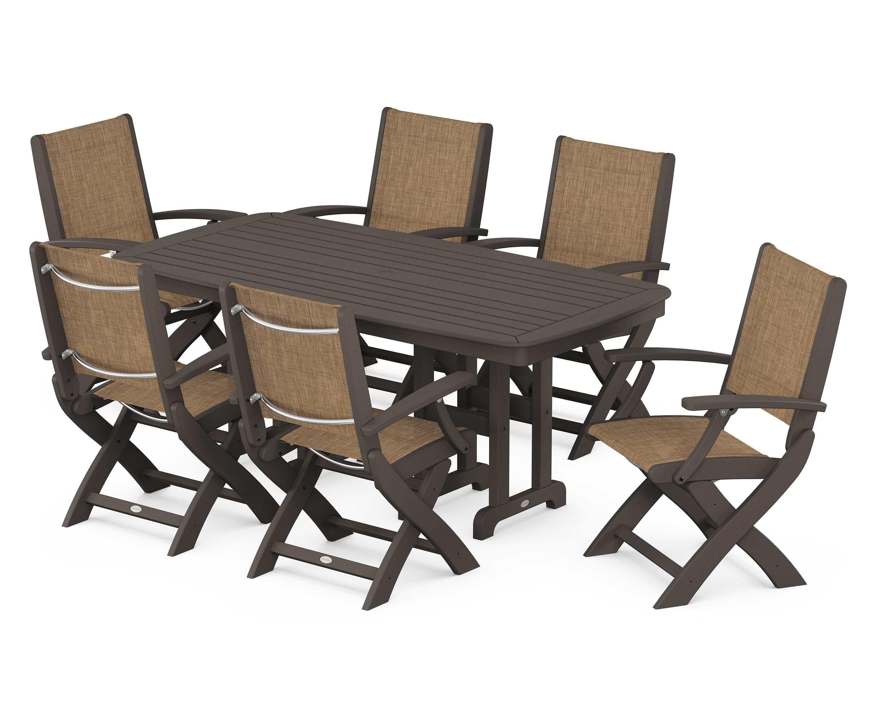 POLYWOOD Coastal Folding Arm Chair 7-Piece Dining Set in Vintage Coffee / Burlap Sling