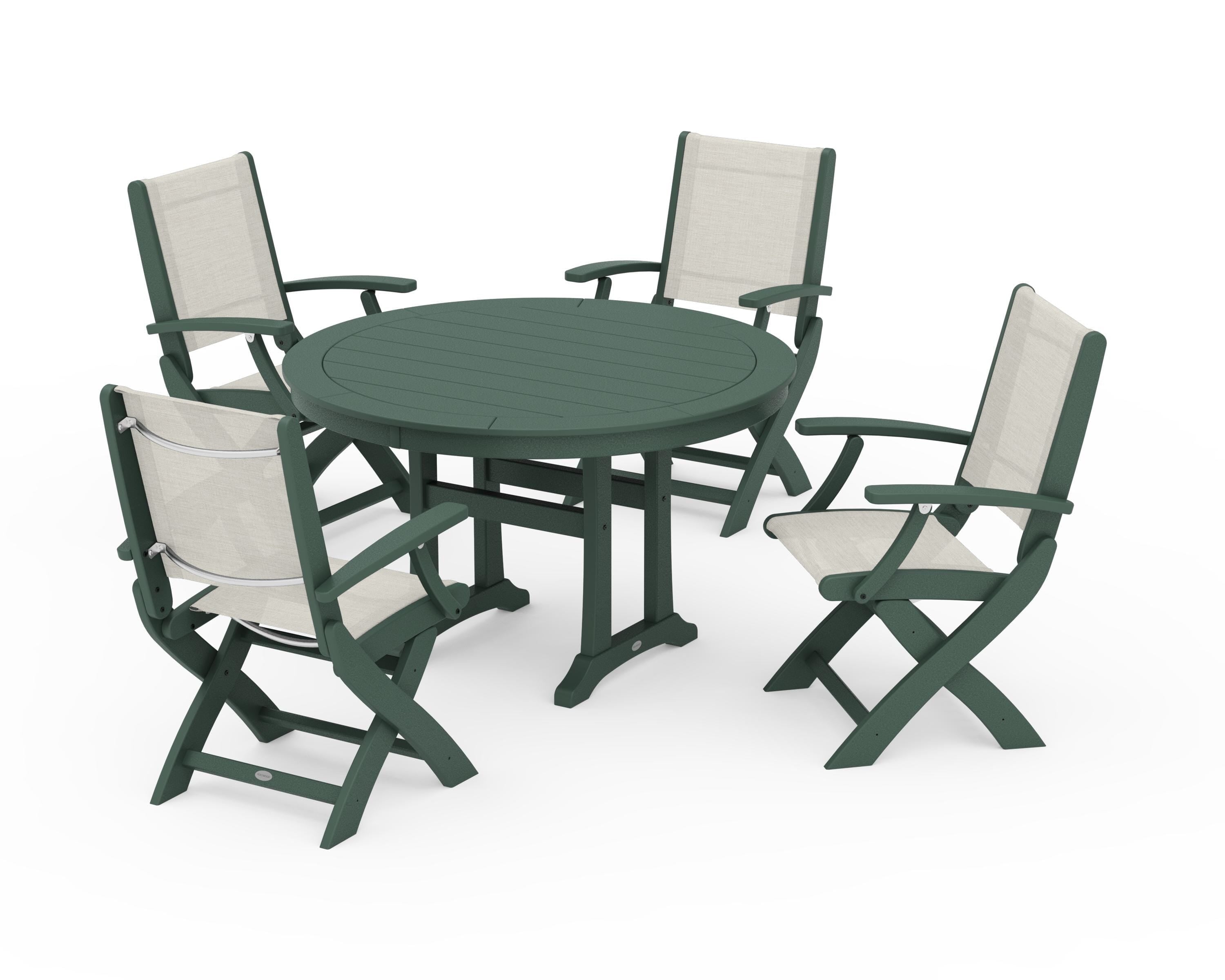 POLYWOOD Coastal Folding Chair 5-Piece Round Dining Set with Trestle Legs in Green / Parchment Sling