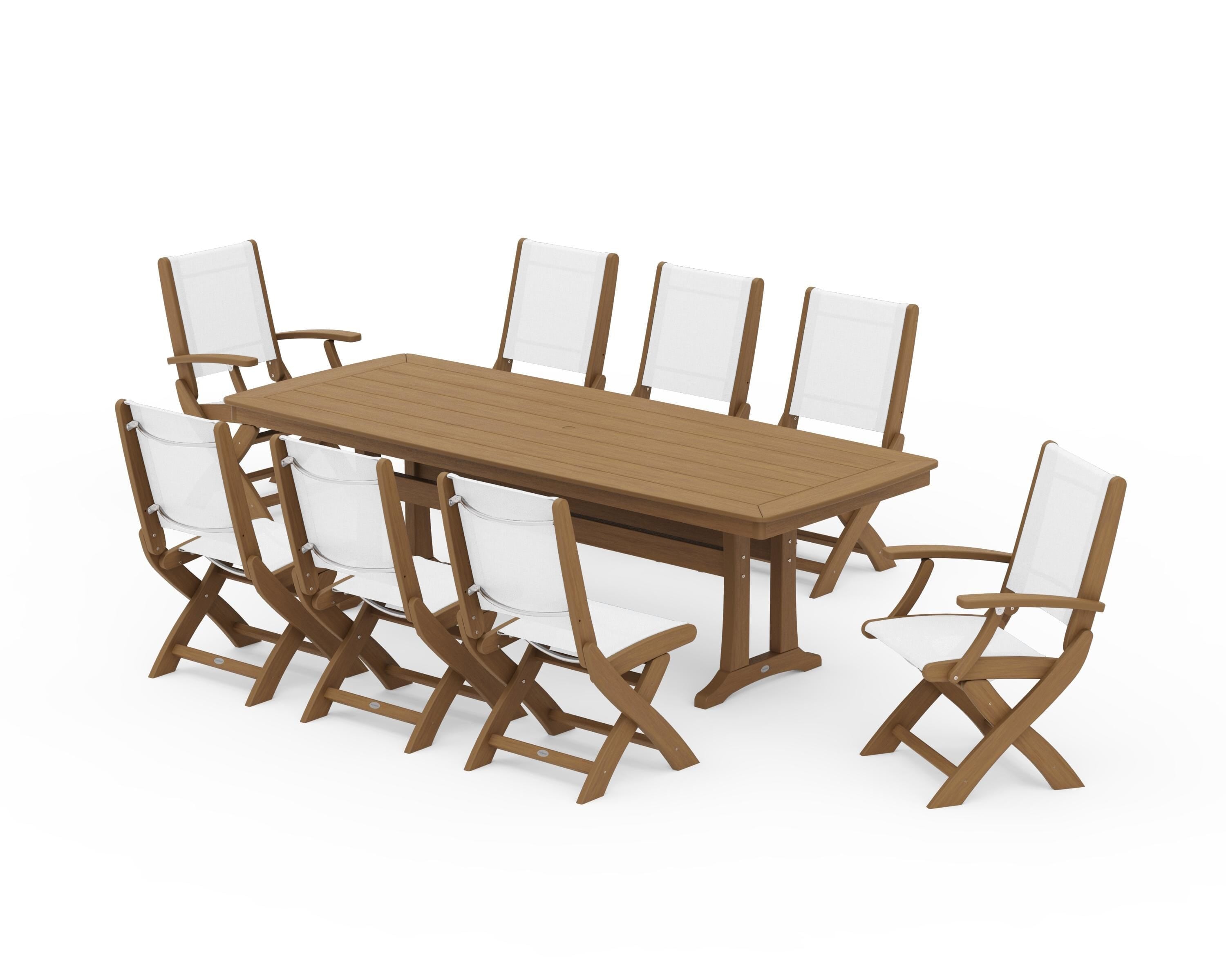 POLYWOOD Coastal Folding 9-Piece Dining Set with Trestle Legs in Natural / White Sling
