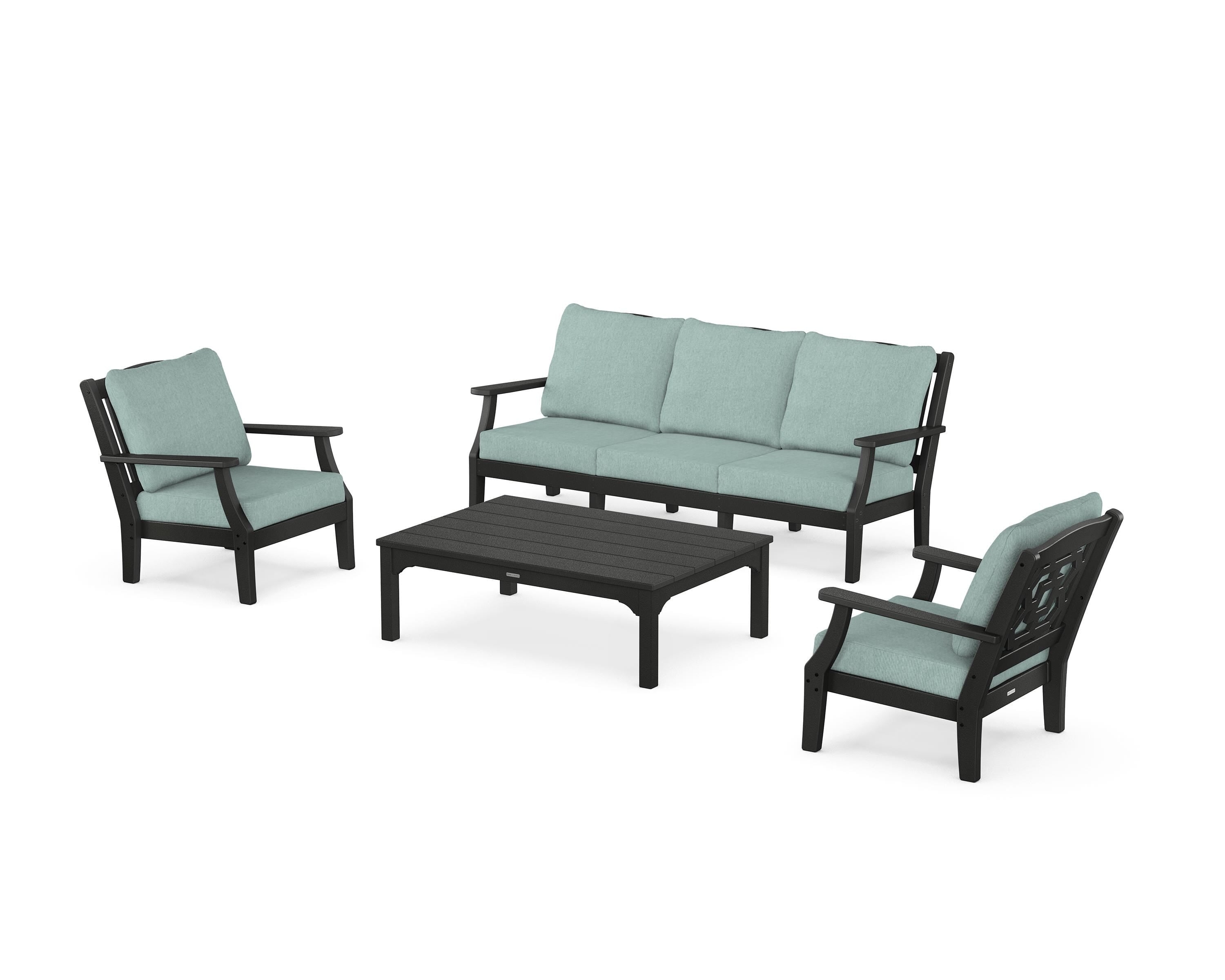Martha Stewart by POLYWOOD Chinoiserie 4-Piece Deep Seating Set with Sofa in Black / Glacier Spa