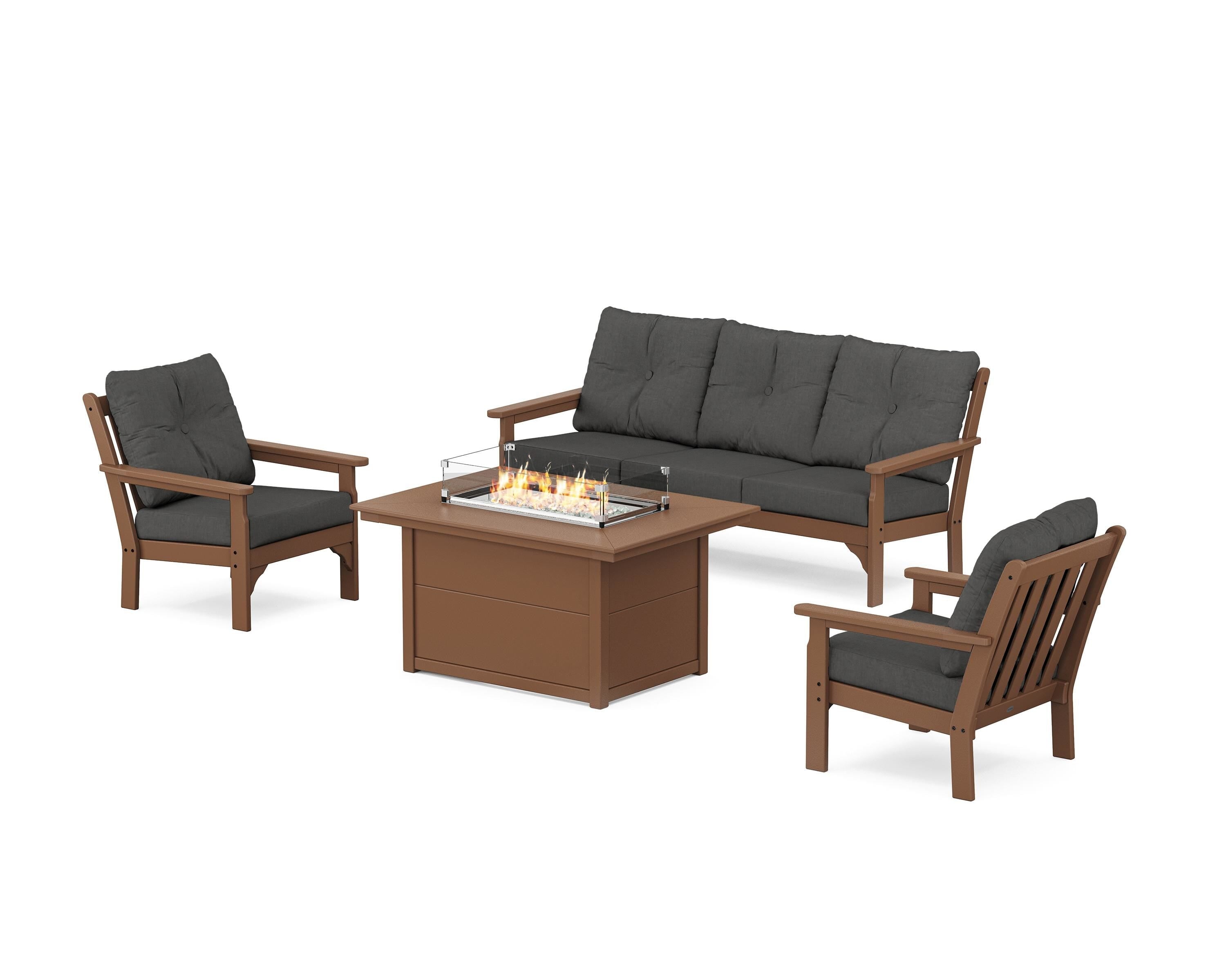 POLYWOOD Vineyard Deep Seating Fire Pit Table Set in Teak / Spectrum Carbon