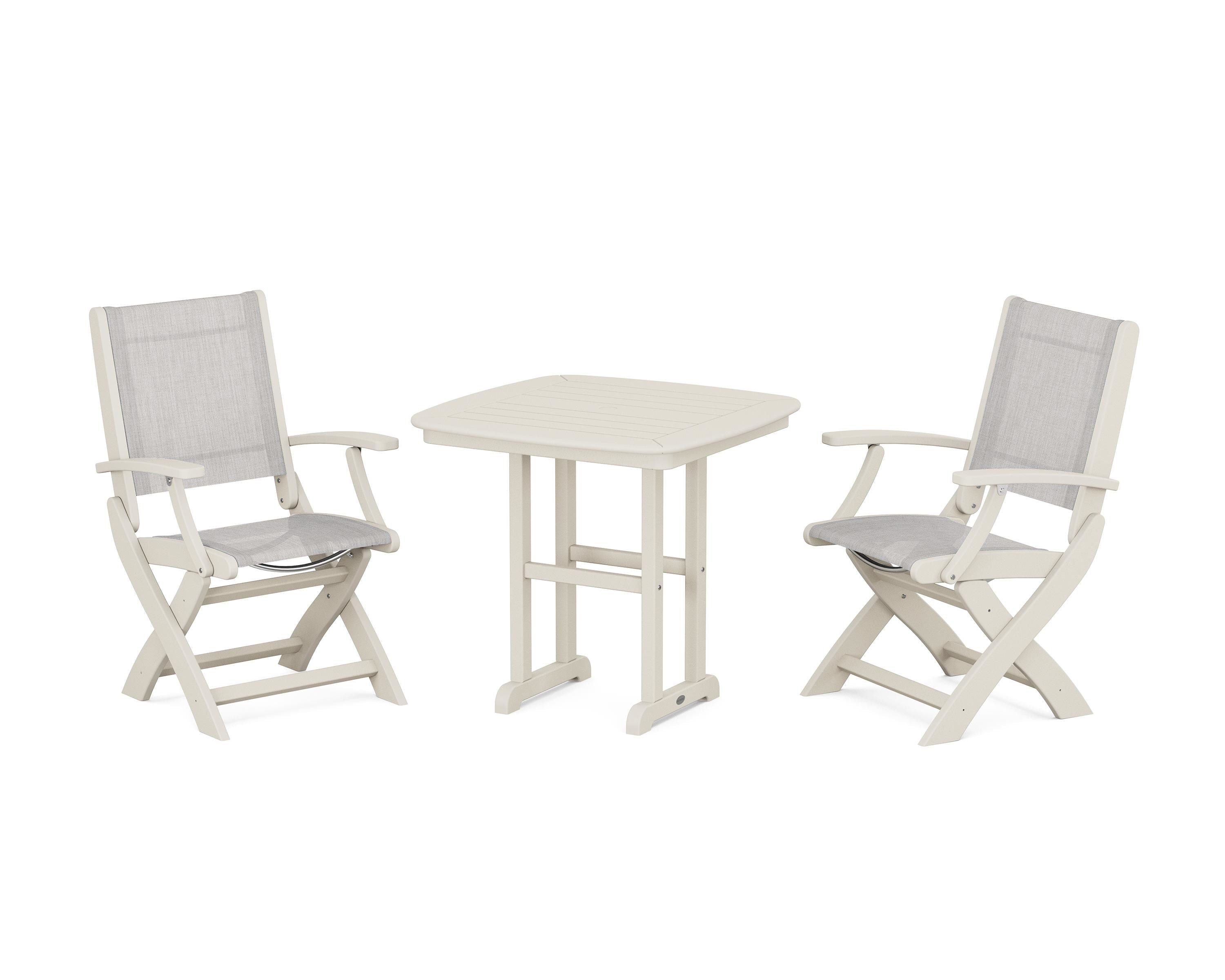 POLYWOOD Coastal Folding Chair 3-Piece Dining Set in Sand / Parchment Sling