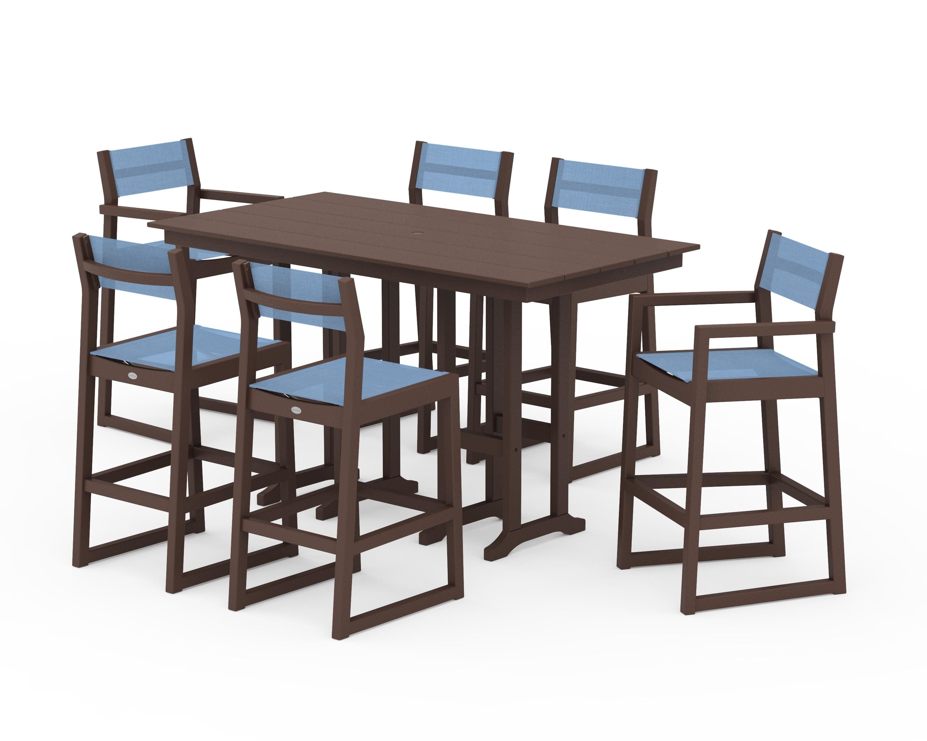 POLYWOOD EDGE Sling 7-Piece Farmhouse Bar Set in Mahogany / Poolside Sling