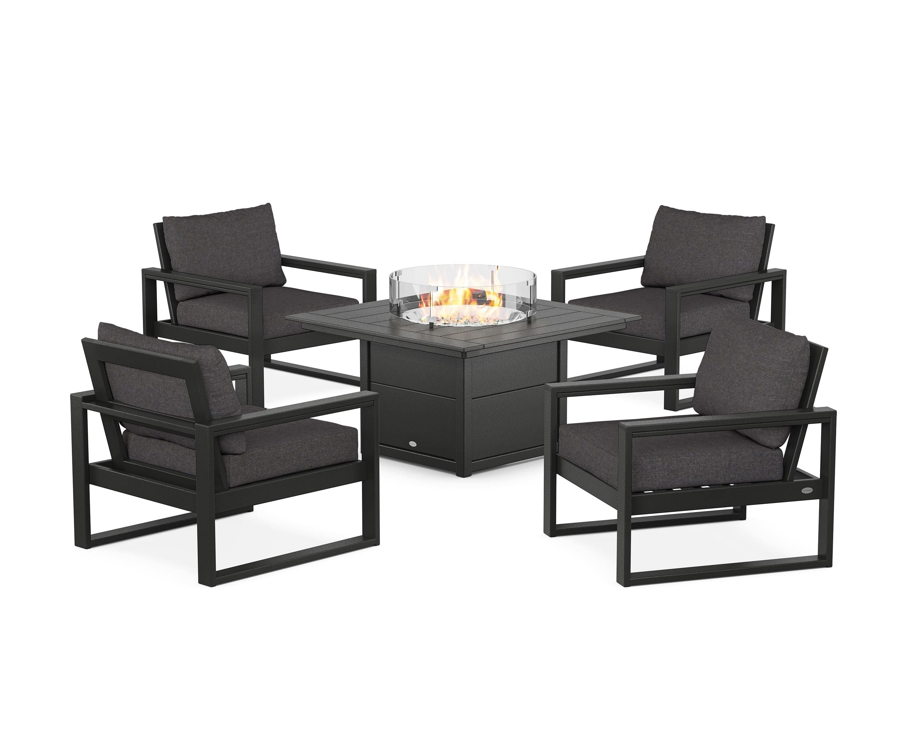 POLYWOOD EDGE Sectional 5-Piece Deep Seating Set with Fire Pit Table in Black / Ash Charcoal