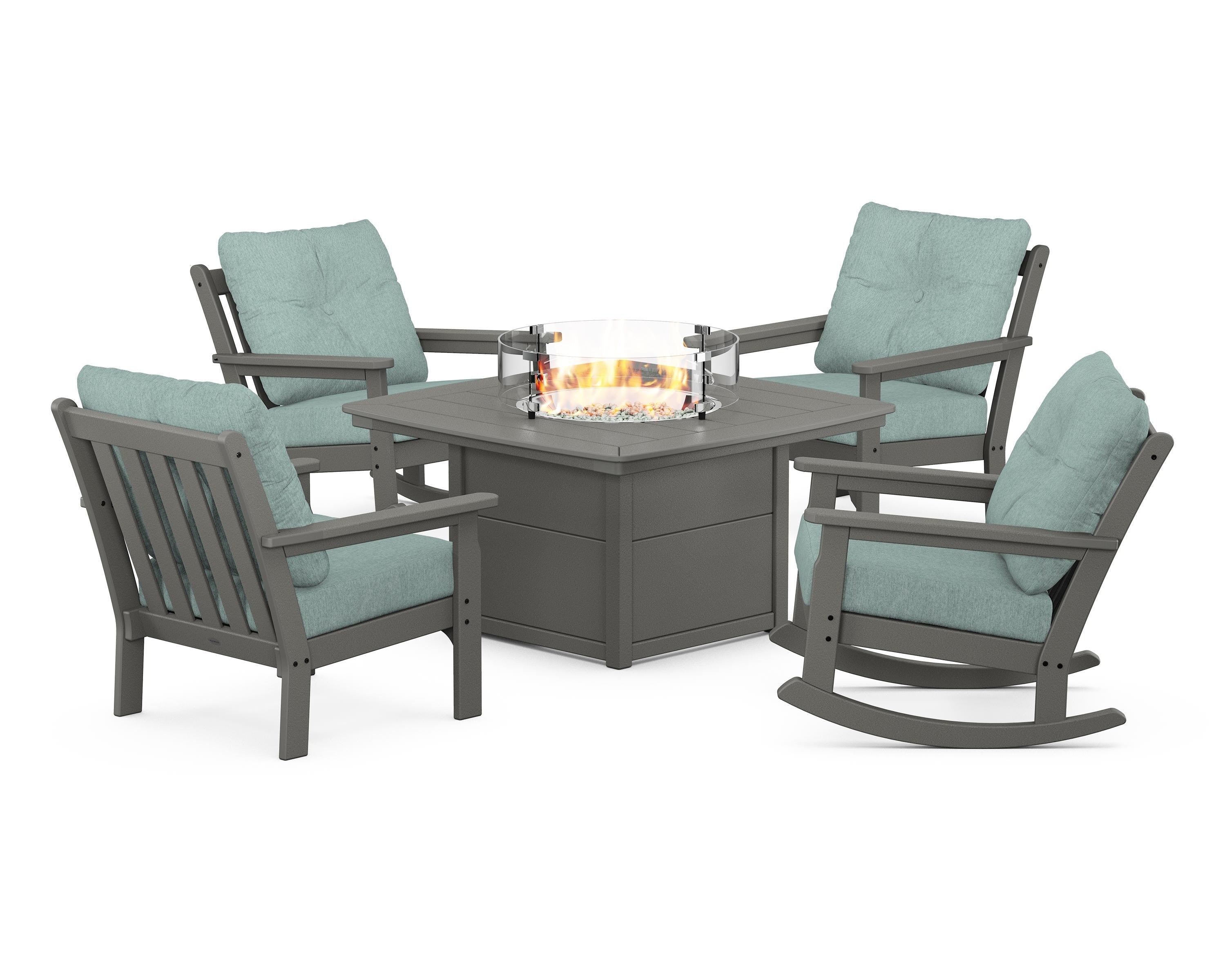POLYWOOD Vineyard 5-Piece Deep Seating Rocking Chair Conversation Set with Fire Pit Table in Slate Grey / Glacier Spa