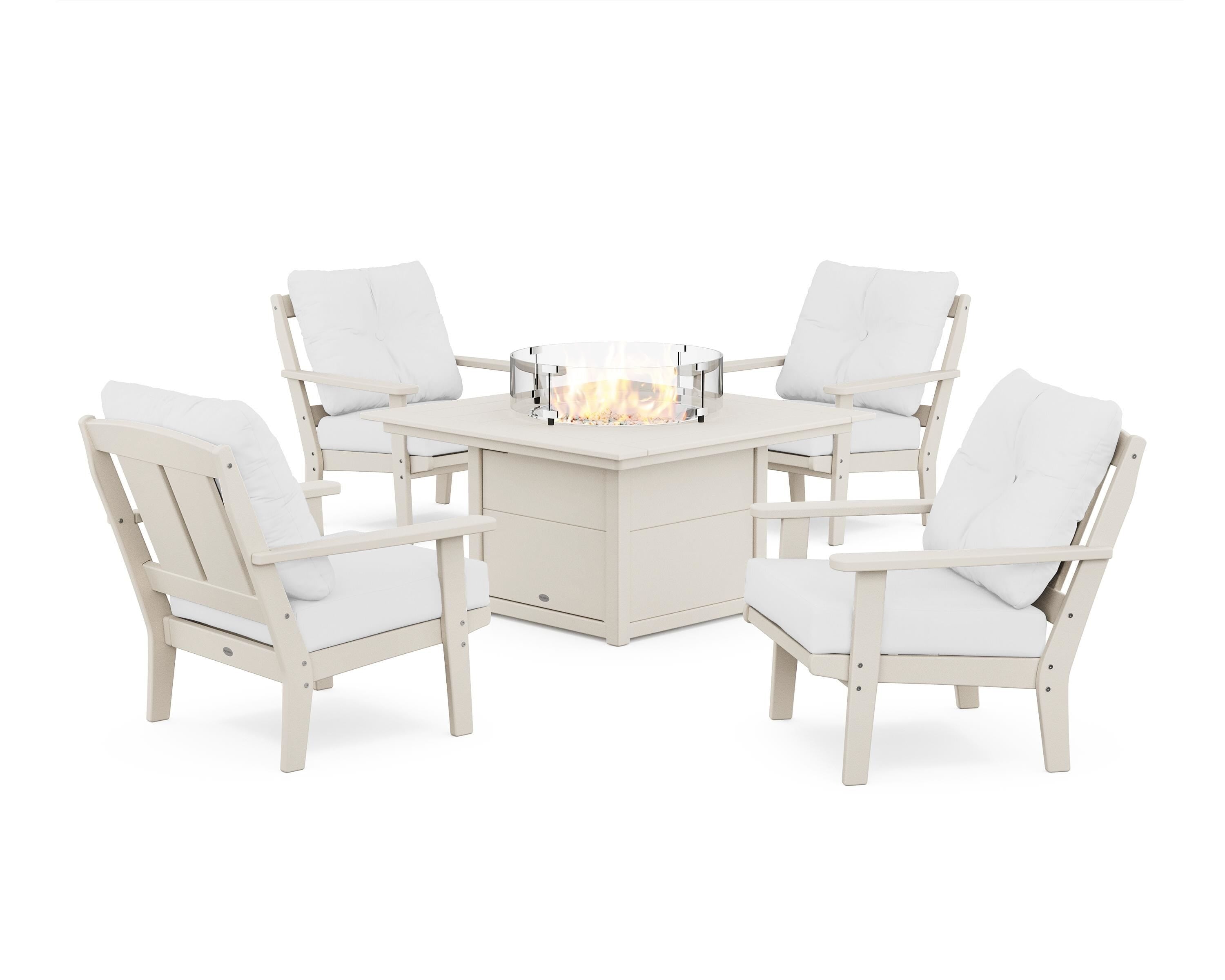 POLYWOOD Mission 5-Piece Deep Seating Set with Fire Pit Table in Sand / Natural
