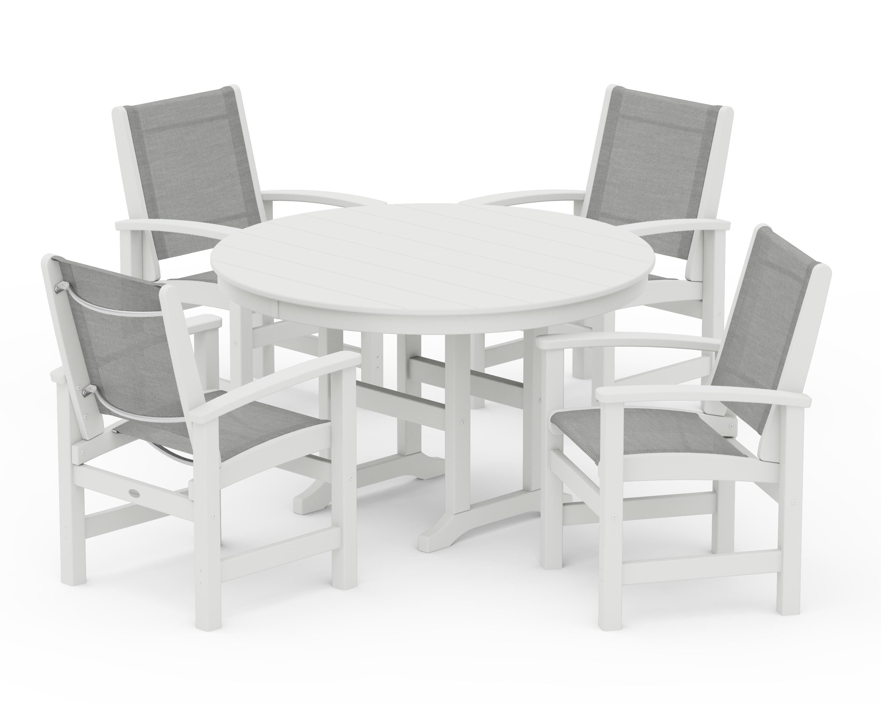 POLYWOOD Coastal 5-Piece Round Farmhouse Dining Set in Vintage White / Metallic Sling