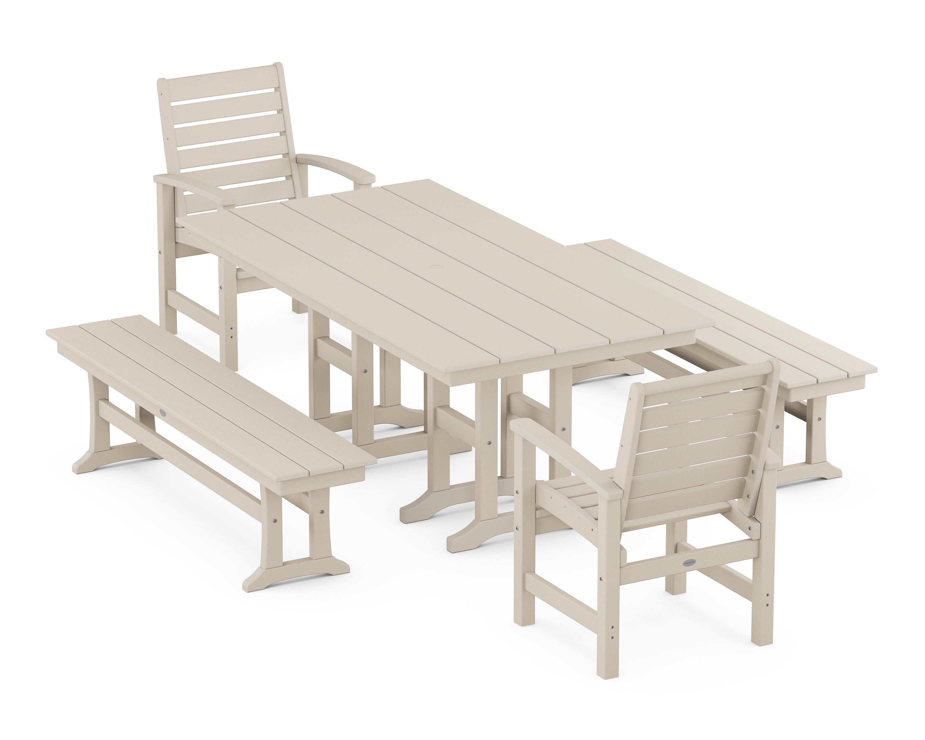 POLYWOOD® Signature 5-Piece Farmhouse Dining Set with Benches in Sand