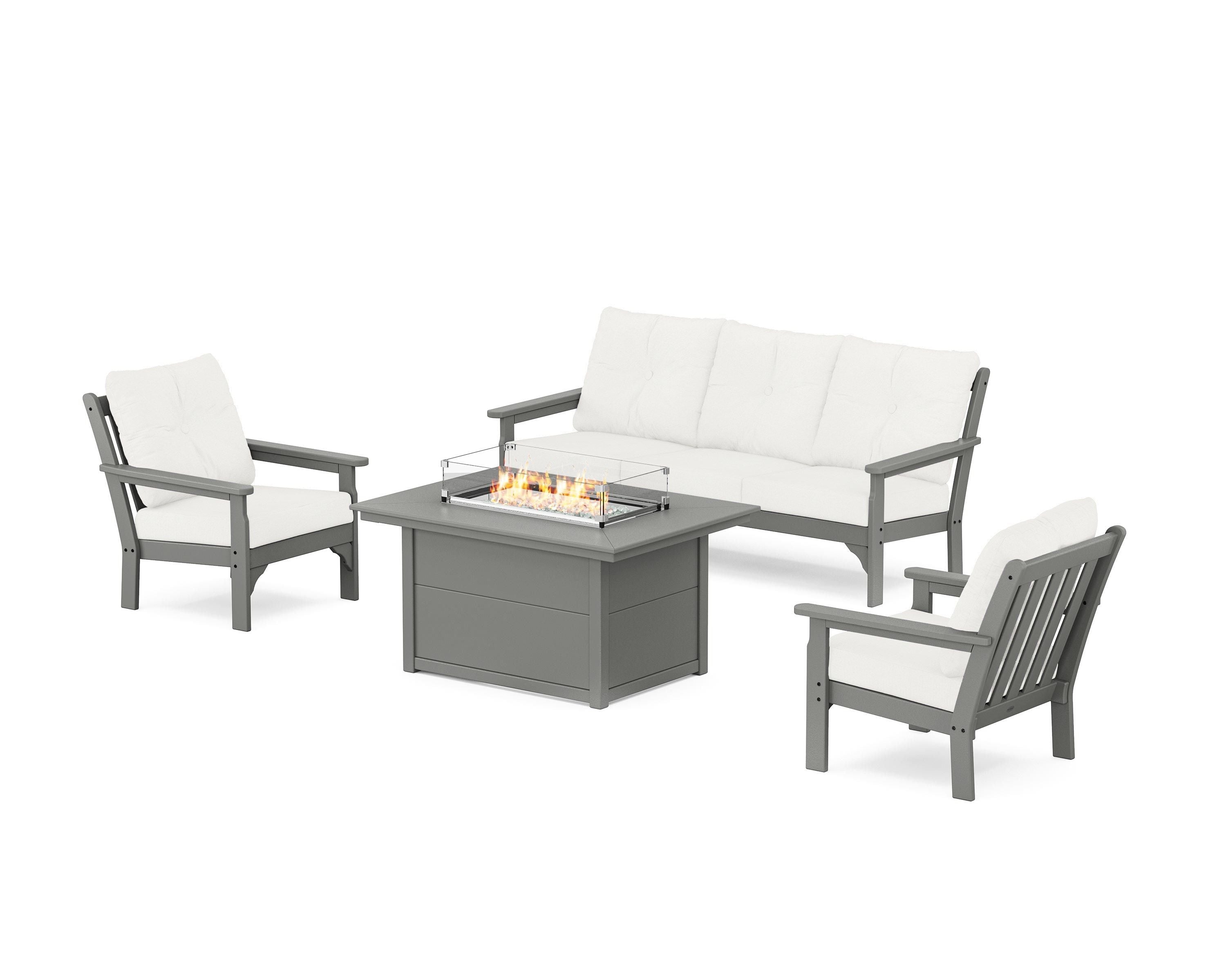 POLYWOOD Vineyard Deep Seating Fire Pit Table Set in Slate Grey / Natural Linen