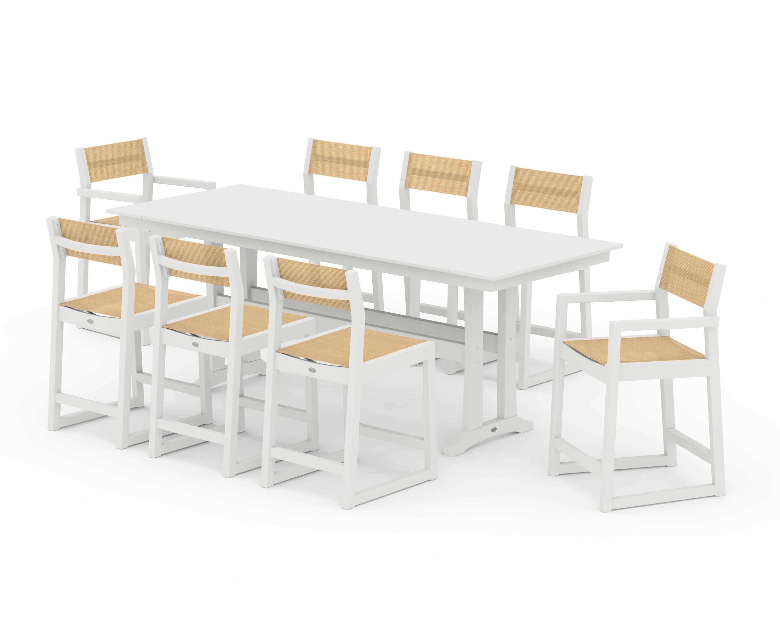 POLYWOOD EDGE Sling 9-Piece Farmhouse Counter Set with Trestle Legs in White / Dupioni Apricot Sling