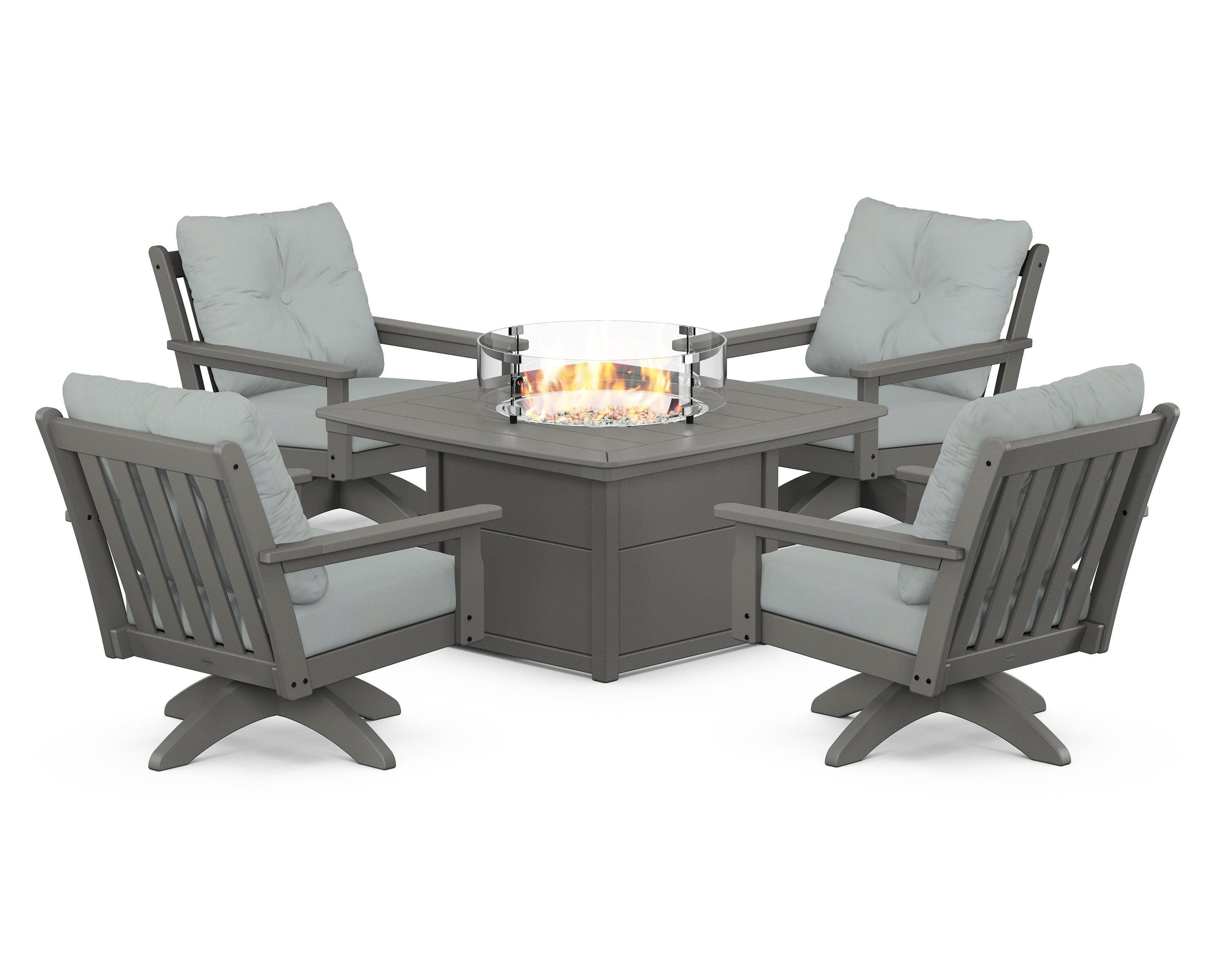 POLYWOOD Vineyard 5-Piece Deep Seating Swivel Conversation Set with Fire Pit Table in Slate Grey / Spa