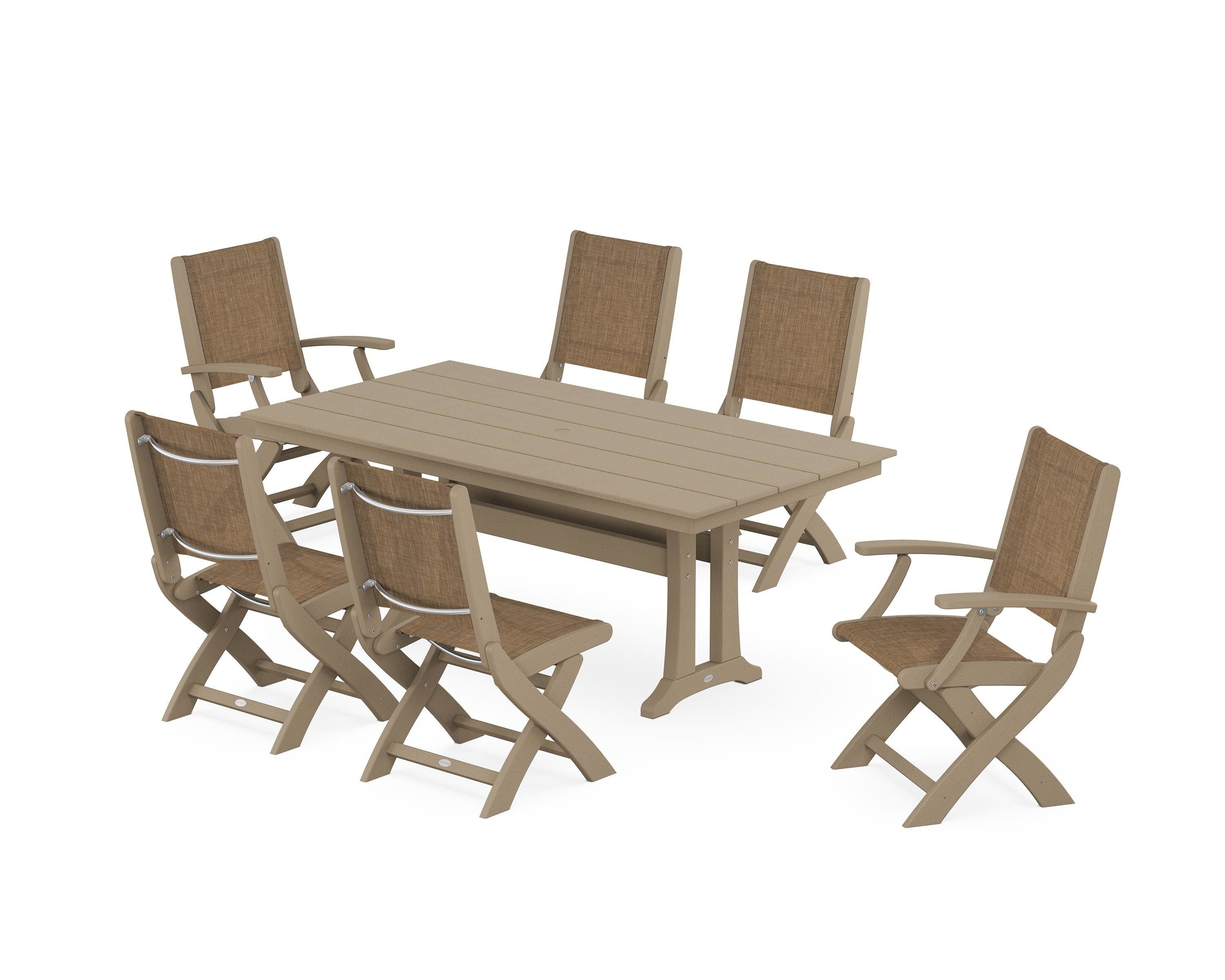 POLYWOOD Coastal Folding Chair 7-Piece Farmhouse Dining Set with Trestle Legs in Vintage Sahara / Burlap Sling