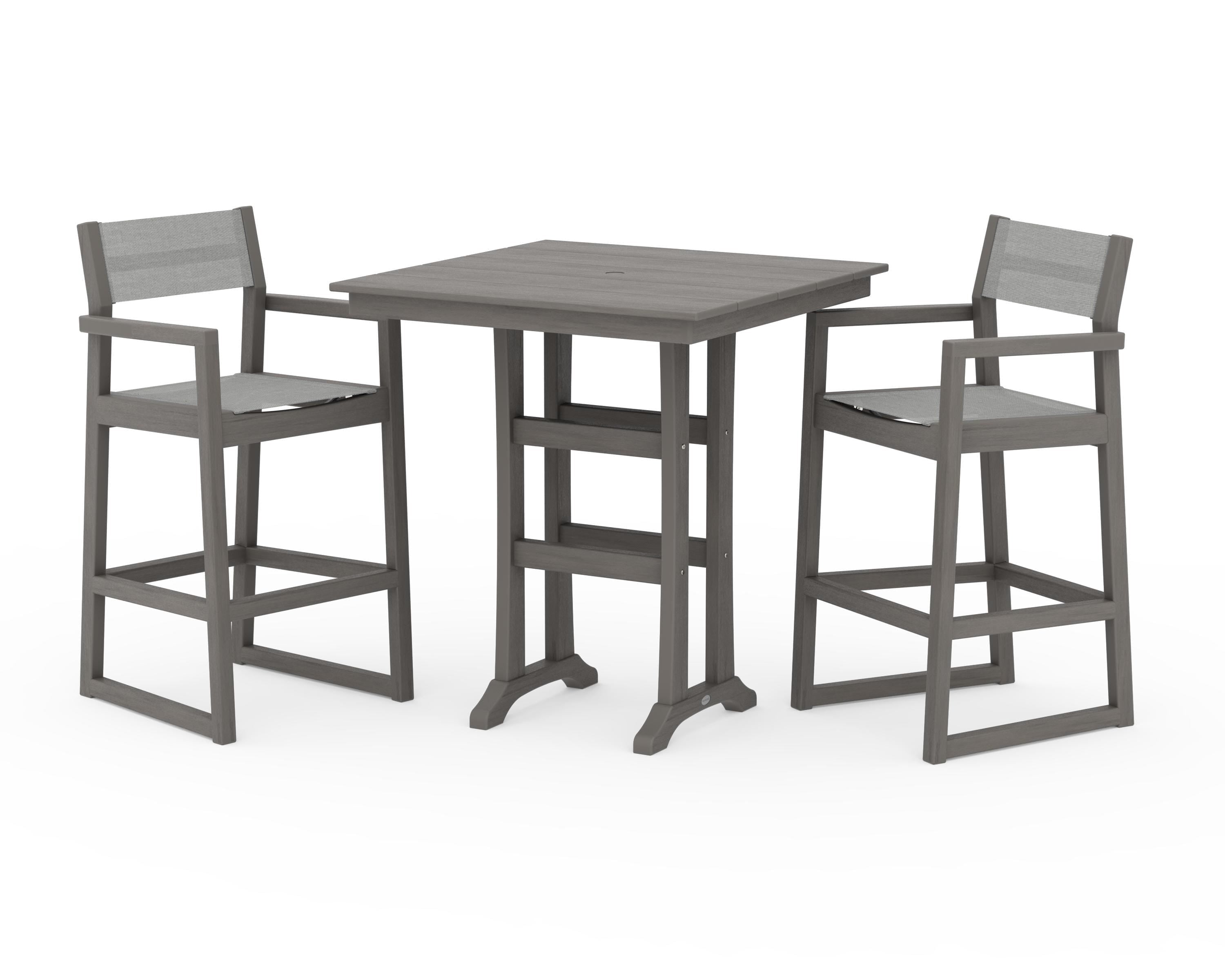 POLYWOOD EDGE Sling Arm Chair 3-Piece Farmhouse Bar Set with Trestle Legs in Driftwood / Metallic Sling
