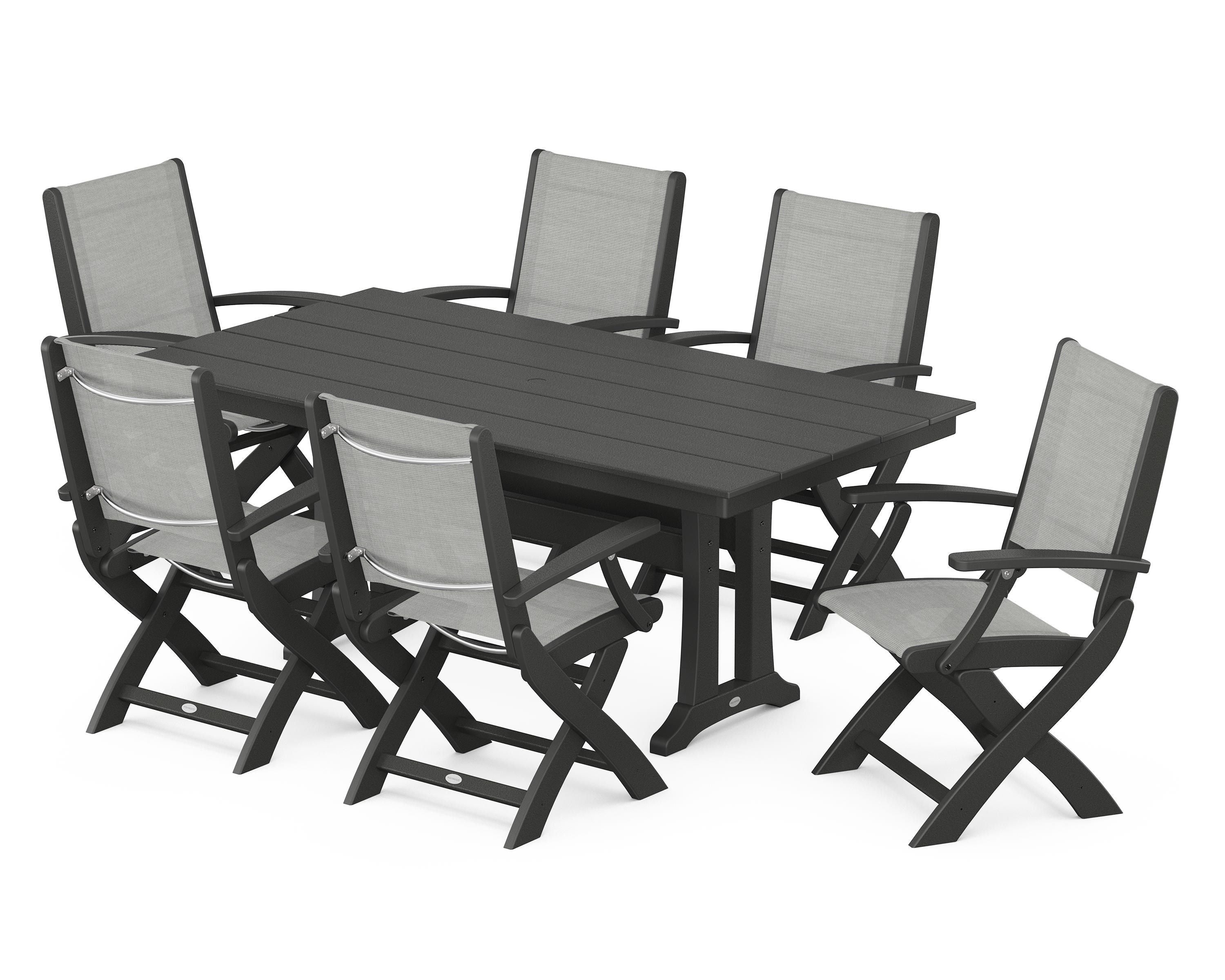 POLYWOOD Coastal Folding Arm Chair 7-Piece Farmhouse Dining Set with Trestle Legs in Black / Metallic Sling