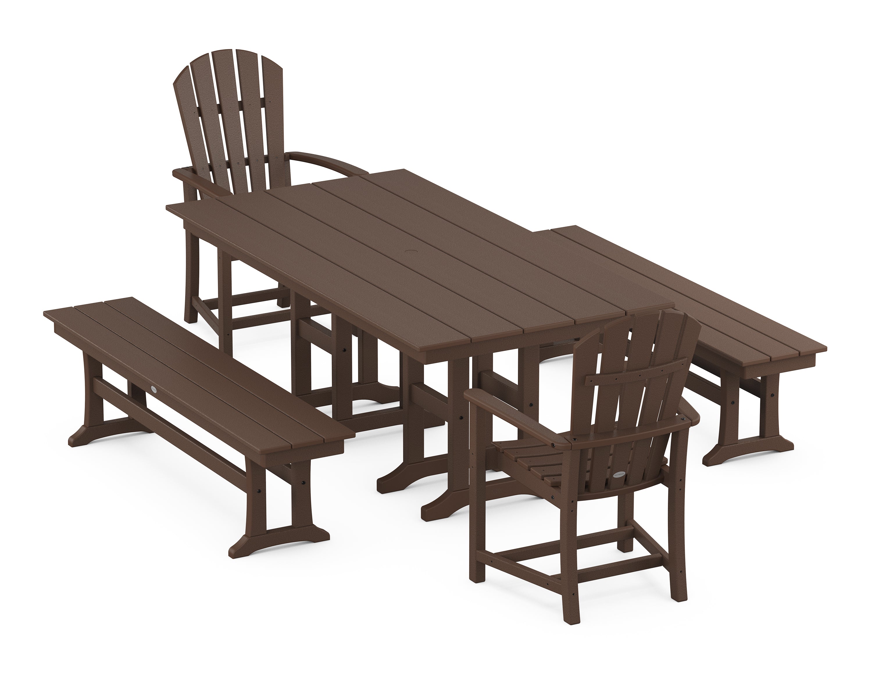 POLYWOOD® Palm Coast 5-Piece Farmhouse Dining Set with Benches in Mahogany