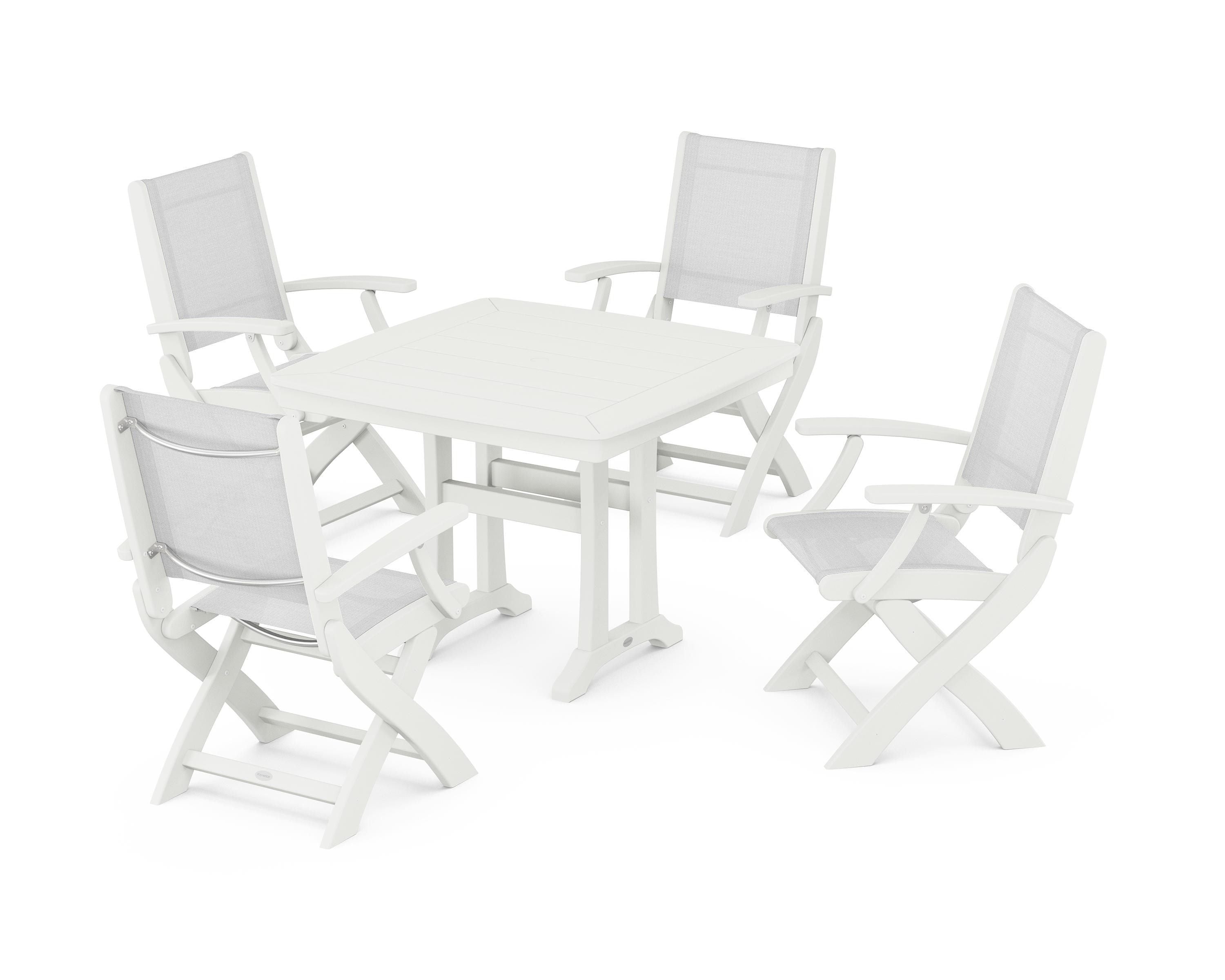POLYWOOD Coastal Folding Chair 5-Piece Dining Set with Trestle Legs in Vintage White / White Sling