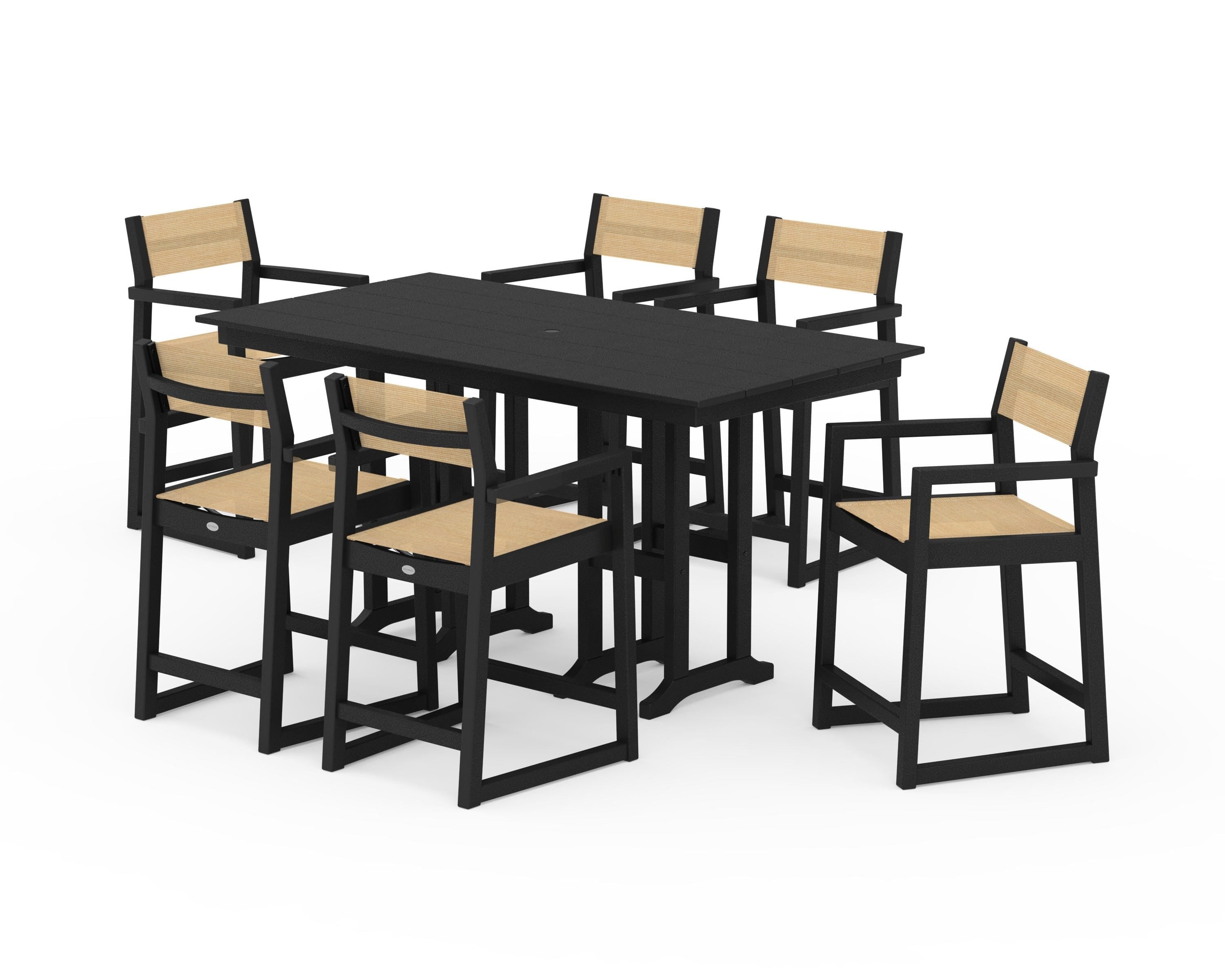 POLYWOOD EDGE Sling Arm Chair 7-Piece Farmhouse Counter Set in Black / Dupioni Apricot Sling