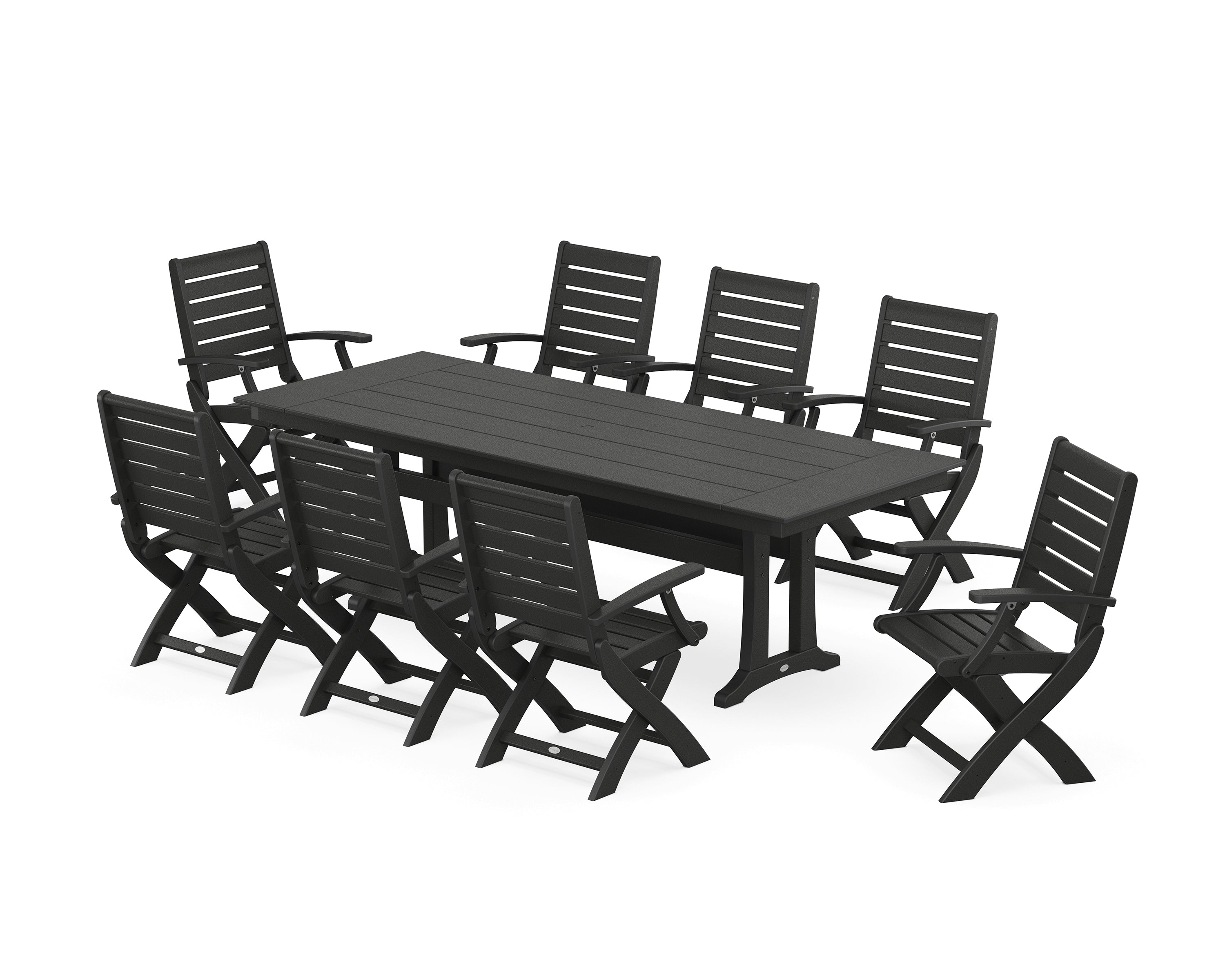 POLYWOOD® Signature Folding 9-Piece Farmhouse Trestle Dining Set with Trestle Legs in Black