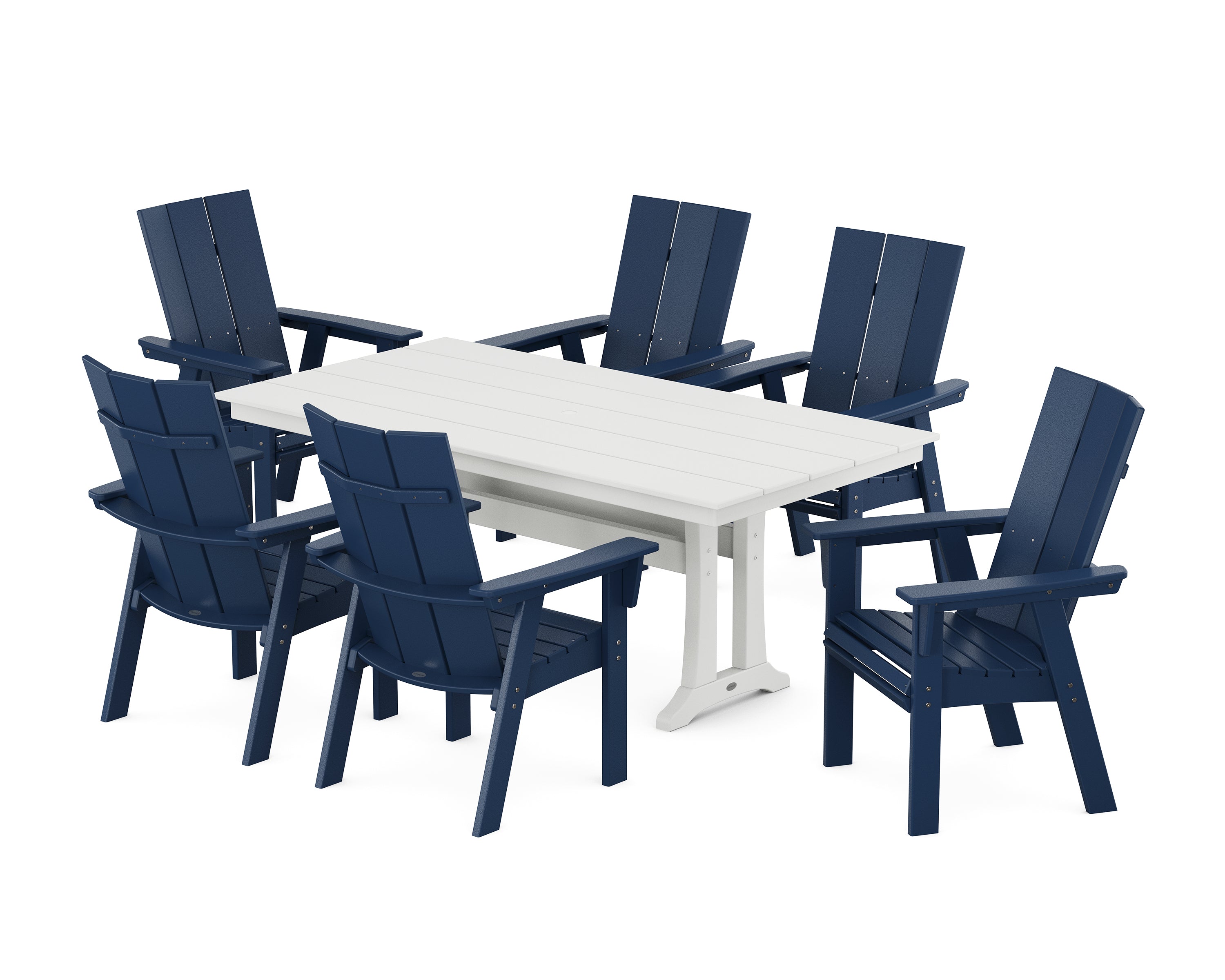 POLYWOOD® Modern Curveback Adirondack 7-Piece Farmhouse Dining Set with Trestle Legs in Navy / White