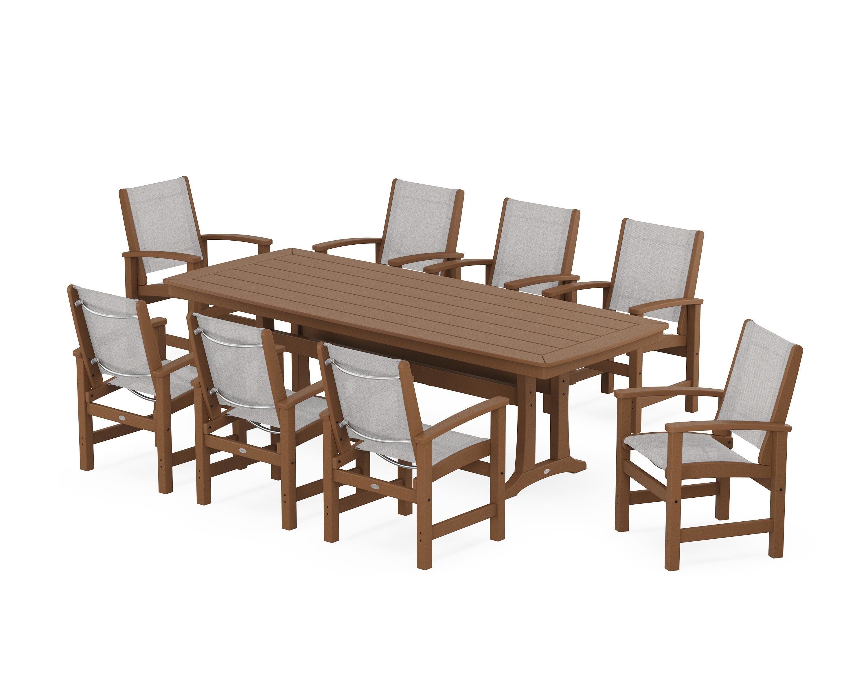POLYWOOD Coastal 9-Piece Dining Set with Trestle Legs in Teak / Parchment Sling