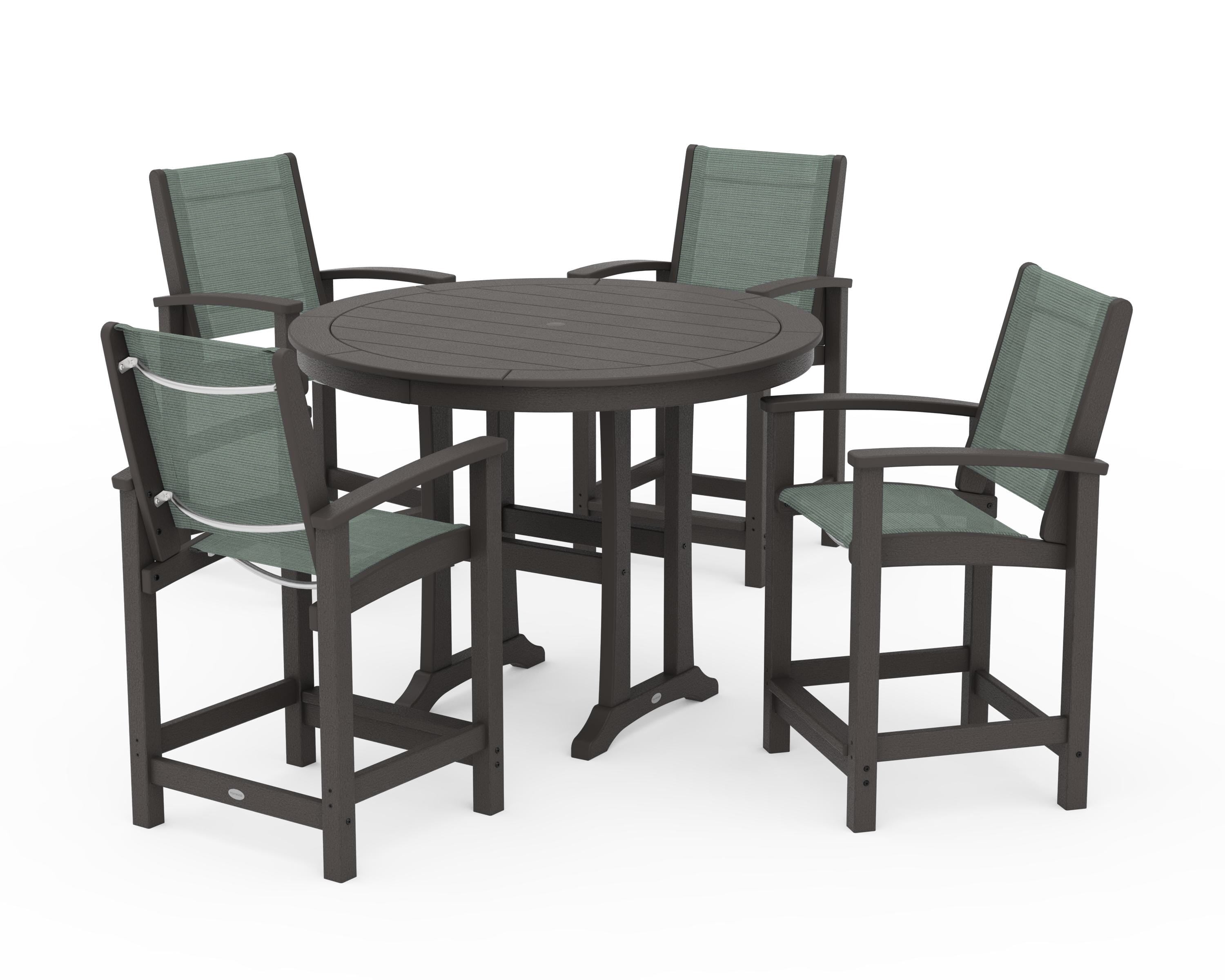 POLYWOOD Coastal 5-Piece Counter Set in Vintage Coffee / Dupioni Sea Mist Sling