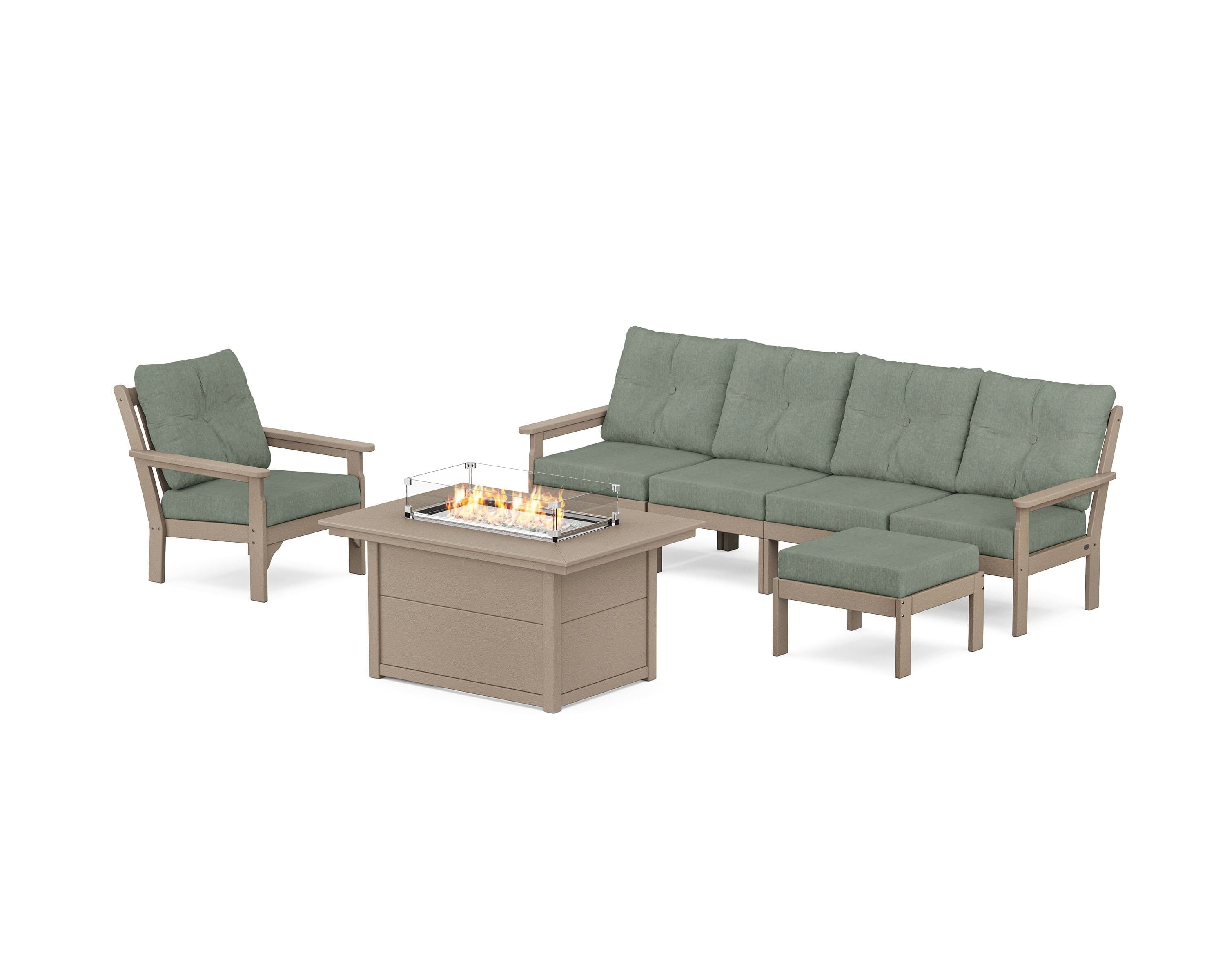 POLYWOOD Vineyard Sectional Lounge and Fire Pit Set in Vintage Sahara / Cast Sage