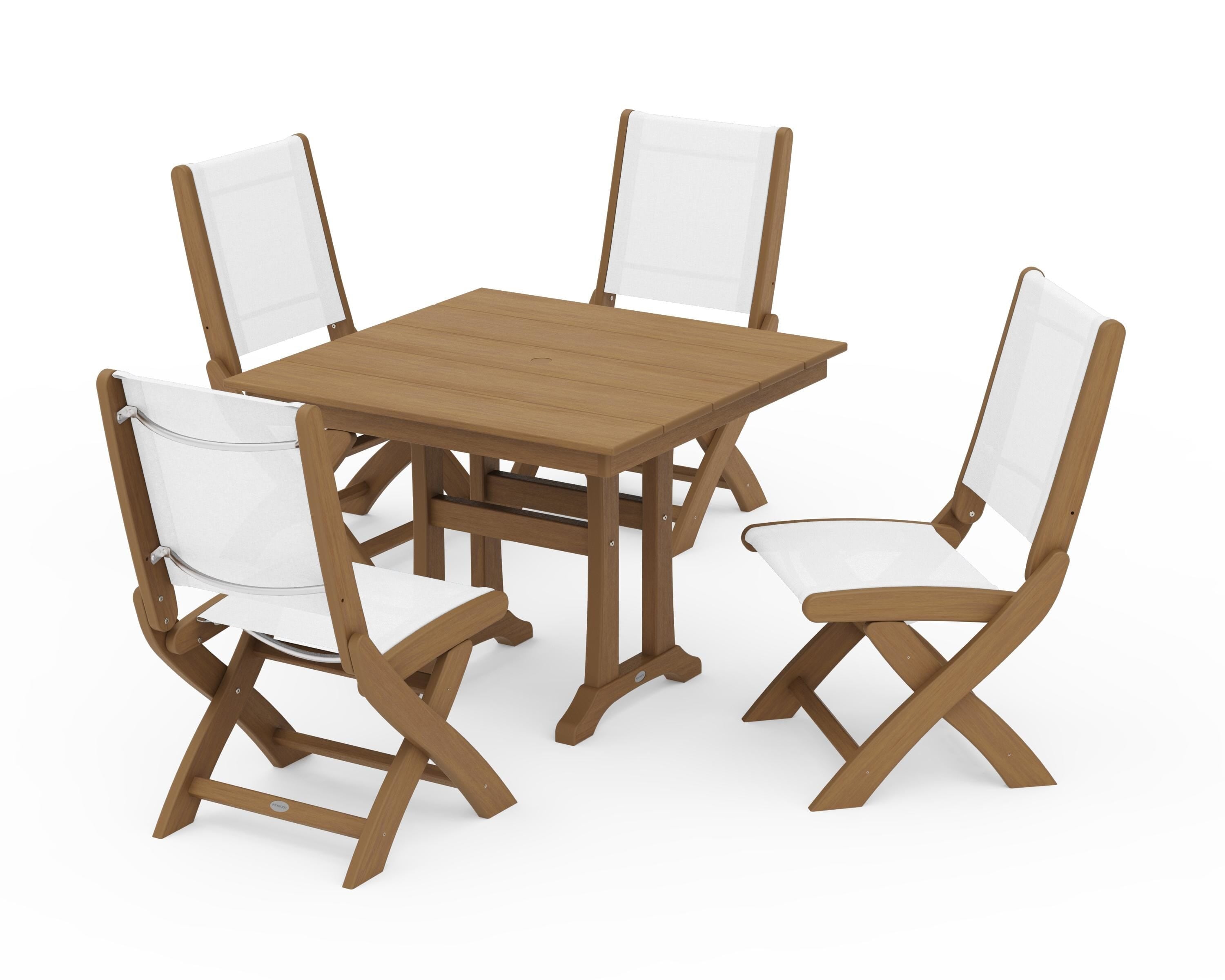 POLYWOOD Coastal Folding Side Chair 5-Piece Farmhouse Dining Set With Trestle Legs in Natural / White Sling