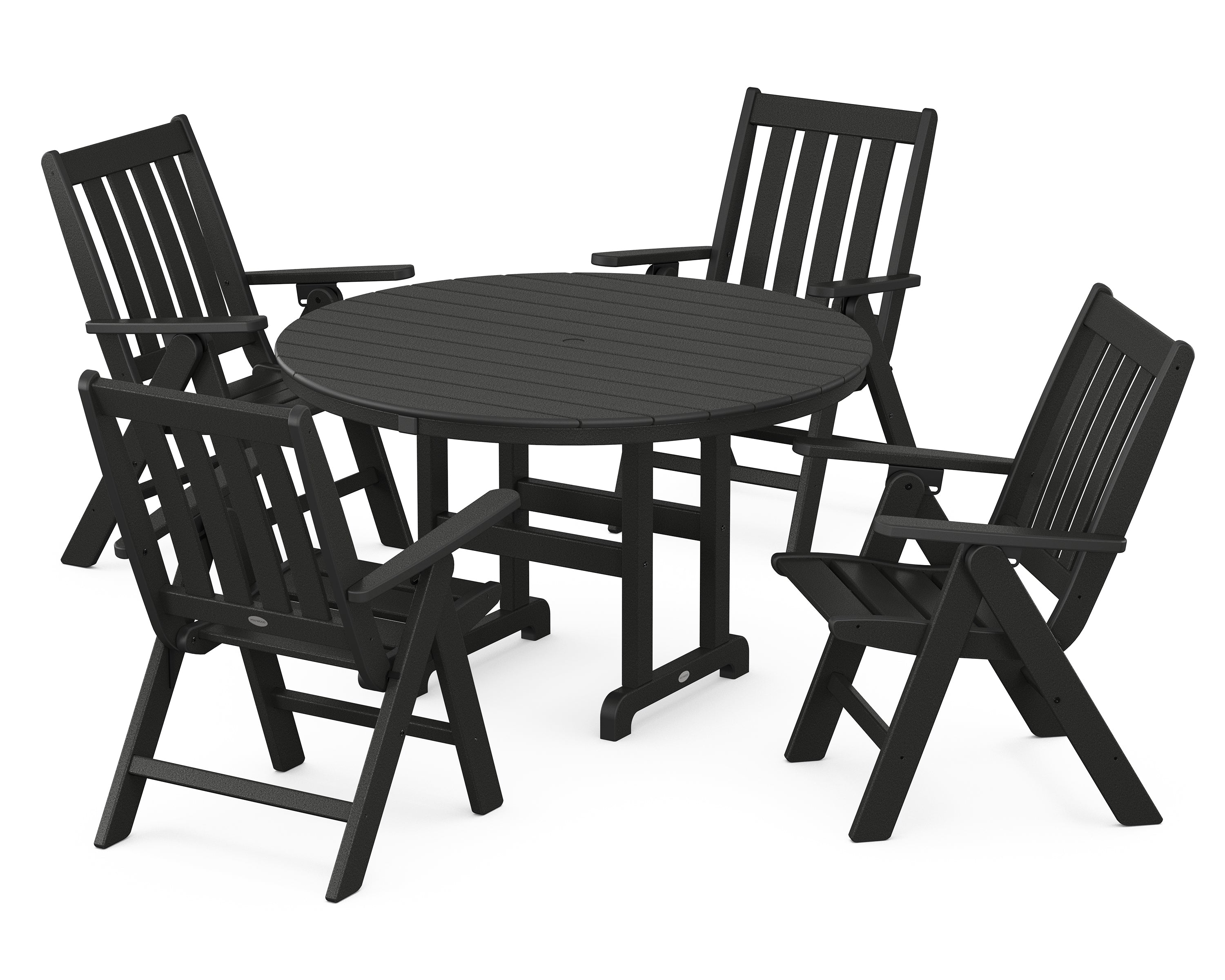 POLYWOOD® Vineyard Folding Chair 5-Piece Round Farmhouse Dining Set in Black